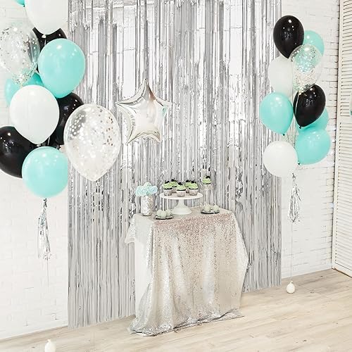 Miniatura 6 de Crosize Paquete de 4 cortinas de flecos de papel de aluminio plateado de 3.3 x 9.9 pies, decoración de fiesta, telón de fondo de cortina de oropel