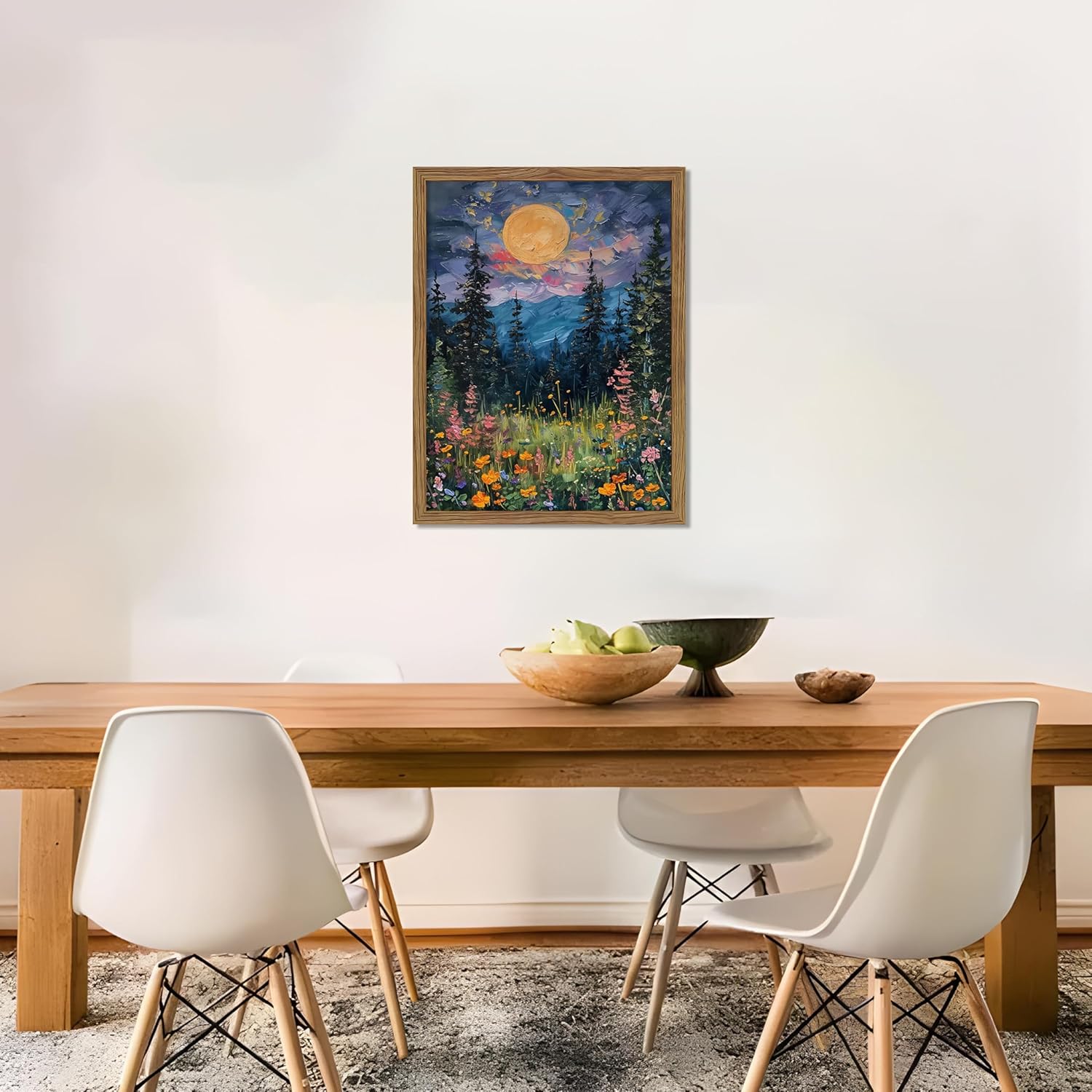 Framed Nature Forest Canvas Wall Art, Full Moon above Wildflowers and Woodland Painting, Midnight Floral Trees Art Print, Farmhouse Nature Wall Decor for Bedroom Living Room 12x16 inch