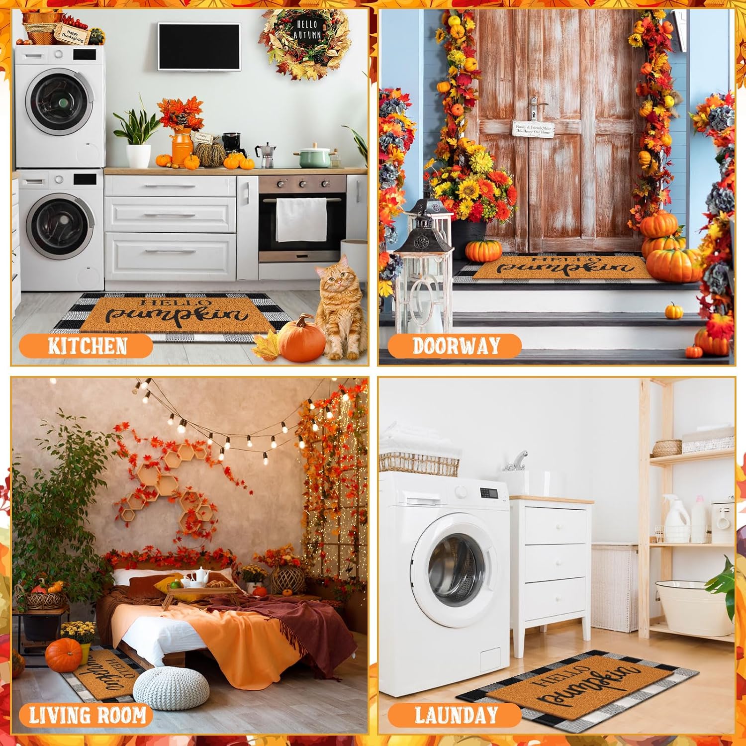 Duraaamo 2 Pcs Fall Door Mat Welcome Doormat Imitation Coir Mats Front Porch Entryway Mats for Fall Autumn Thanksgiving Halloween Indoor Outdoors Decor(Plaid, Hello Pumpkin,Black, White)