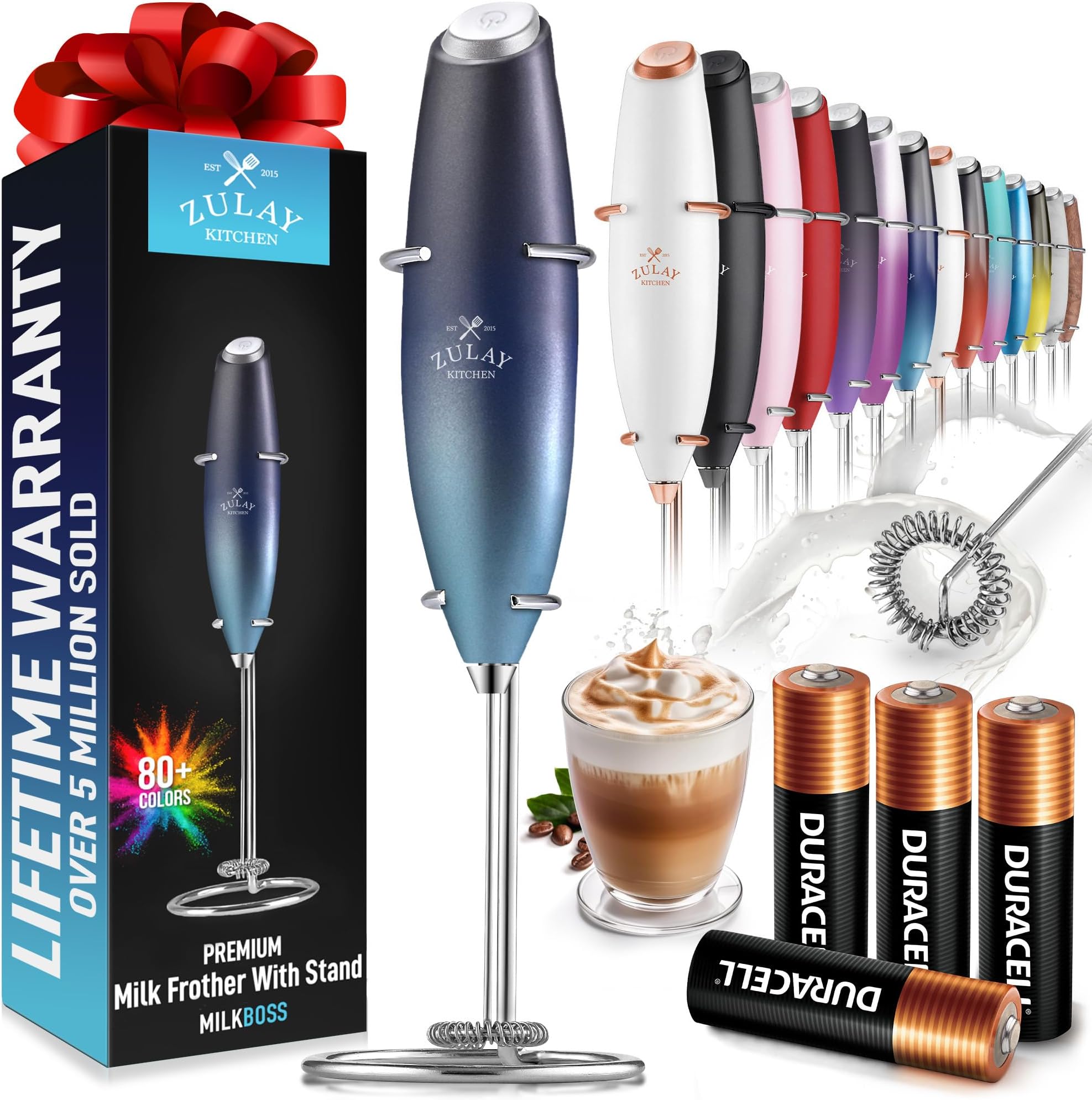 Zulay Kitchen Powerful Milk Frother Wand With 4 AA Duracell Batteries - Ultra Fast Handheld Drink Mixer - Electric Whisk Foam Maker for Coffee, Lattes, Cappuccino, Matcha & Creamer - Deep Sea