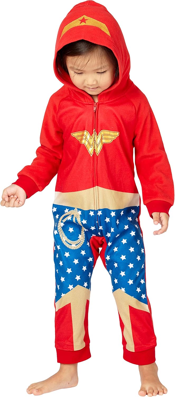 DC Comics Toddler Girls Wonder Woman PJ One-Piece Hooded Pajama Union Suit Loungewear (3T)