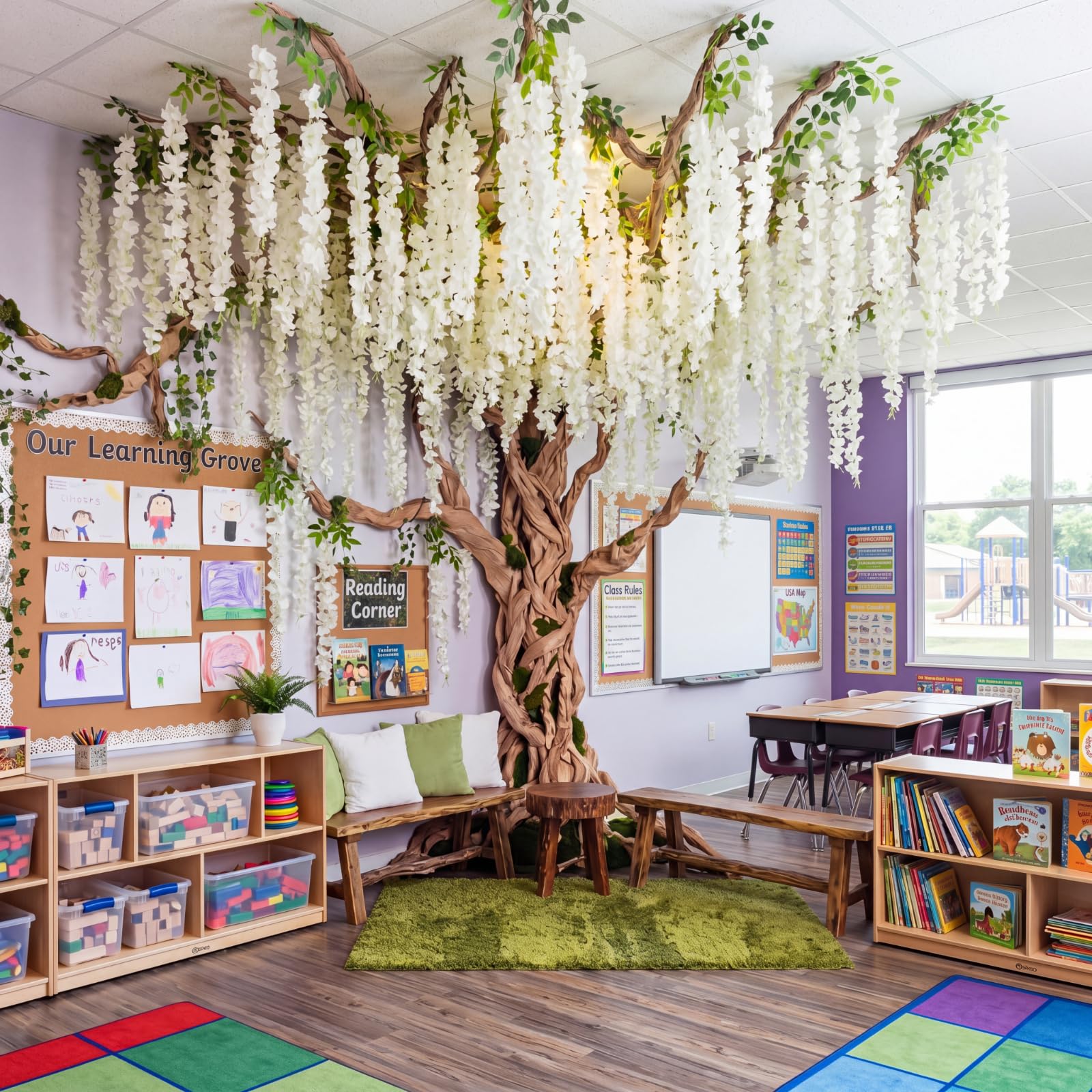 Photo 1 of XunYee 3D Wisteria Tree Classroom Tree Wall Decor for Room Ceiling Artificial Wisteria Hanging Garland Vine Cardboard Paper for Fairy Forest Back to School Bulletin Board Decoration DIY(White)
