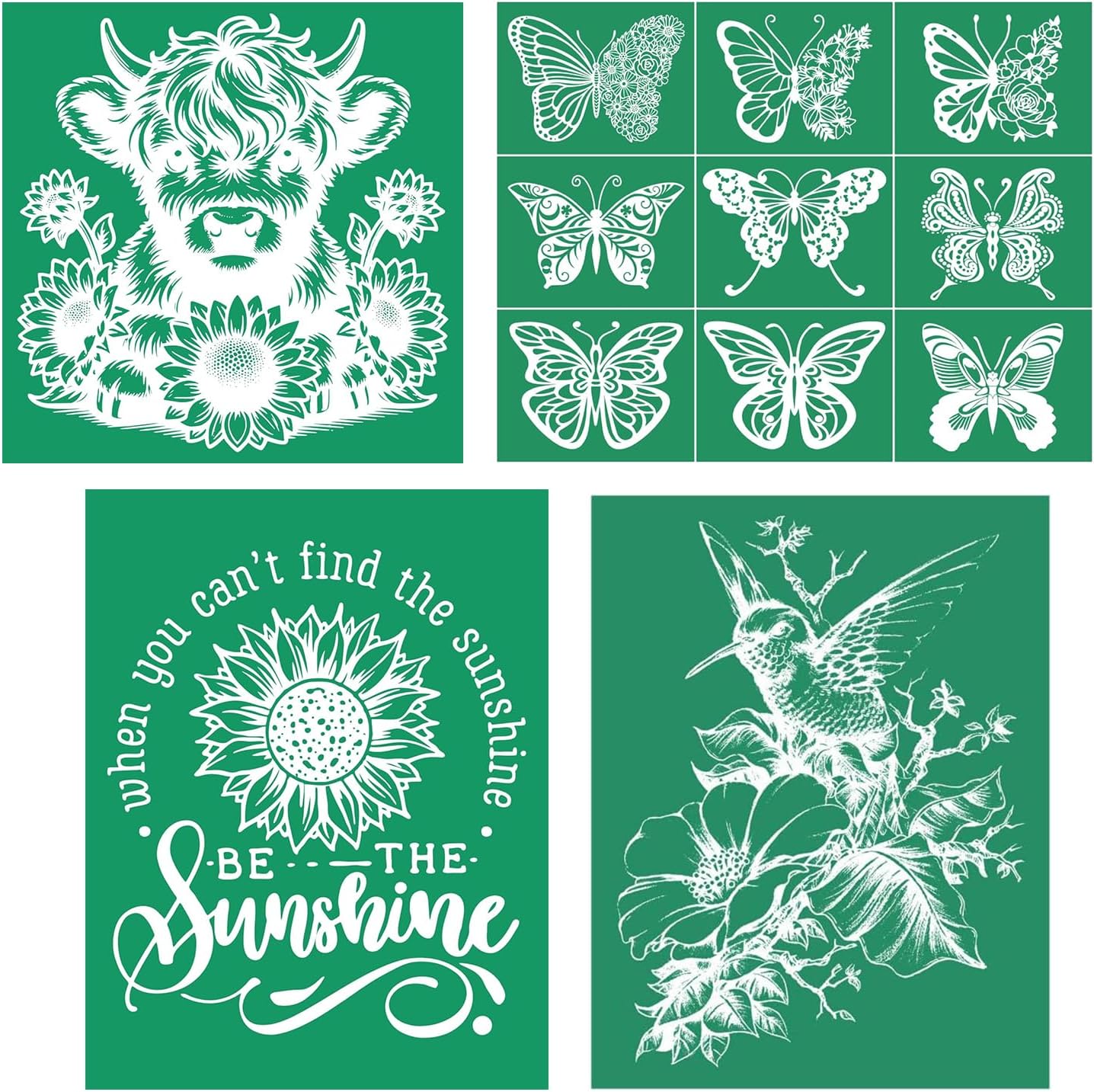 4PCS Sunshine Self-Adhesive Silk Screen Stencils,Inspiration Screen Printing Stencils for Craft Chalk Stencil Transfers Reusable Stencils for Painting on Wood T-Shirt Fabric Xmas Sign