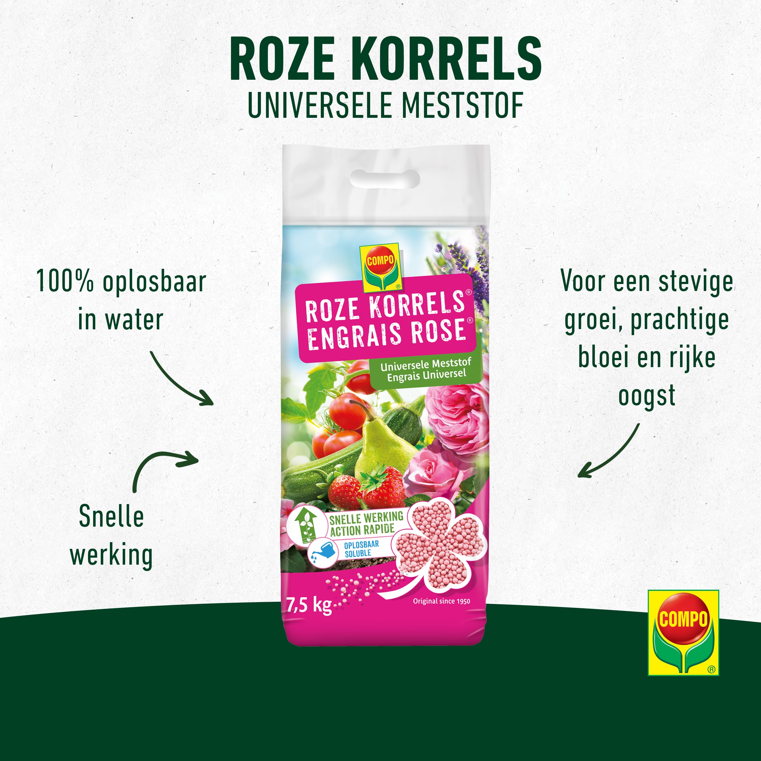 COMPO Rosa Granulat Universaldünger Schnellwirkend löslich für Blumen, Pflanzen, Gemüse und Früchte, 7,5 kg