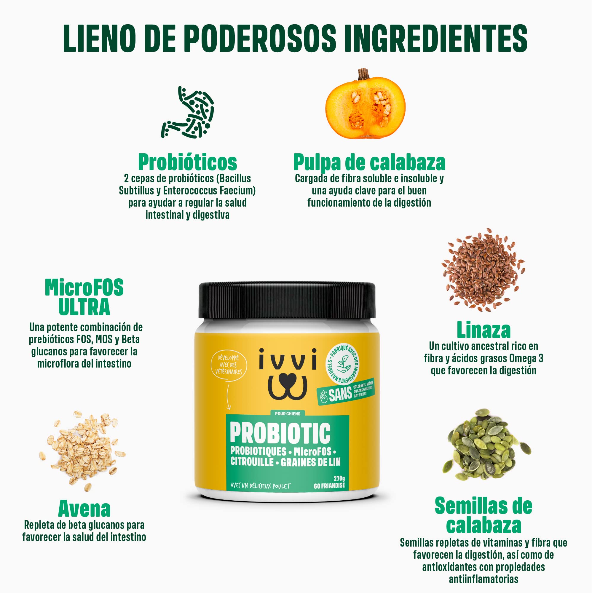 ivvi Probiotic - Complemento Alimenticio para Perros Bienestar Digestivo – Probióticos, Calabaza, Avena, Semillas de Lino y Calabaza - 60 Deliciosas Golosinas con Pollo, 270g