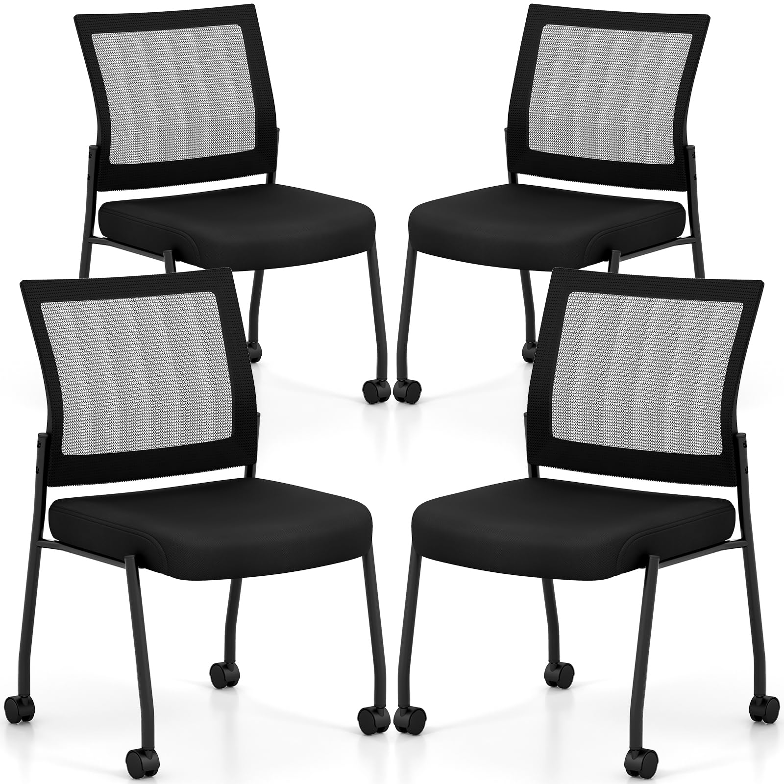 COSTWAY Set of 2/4 Reception Chairs, Upholstered Mesh Office Chairs with Wheels, Meeting Conference Chair Guest Visitors Seats for Home Office (4 PCS, without Armrest)