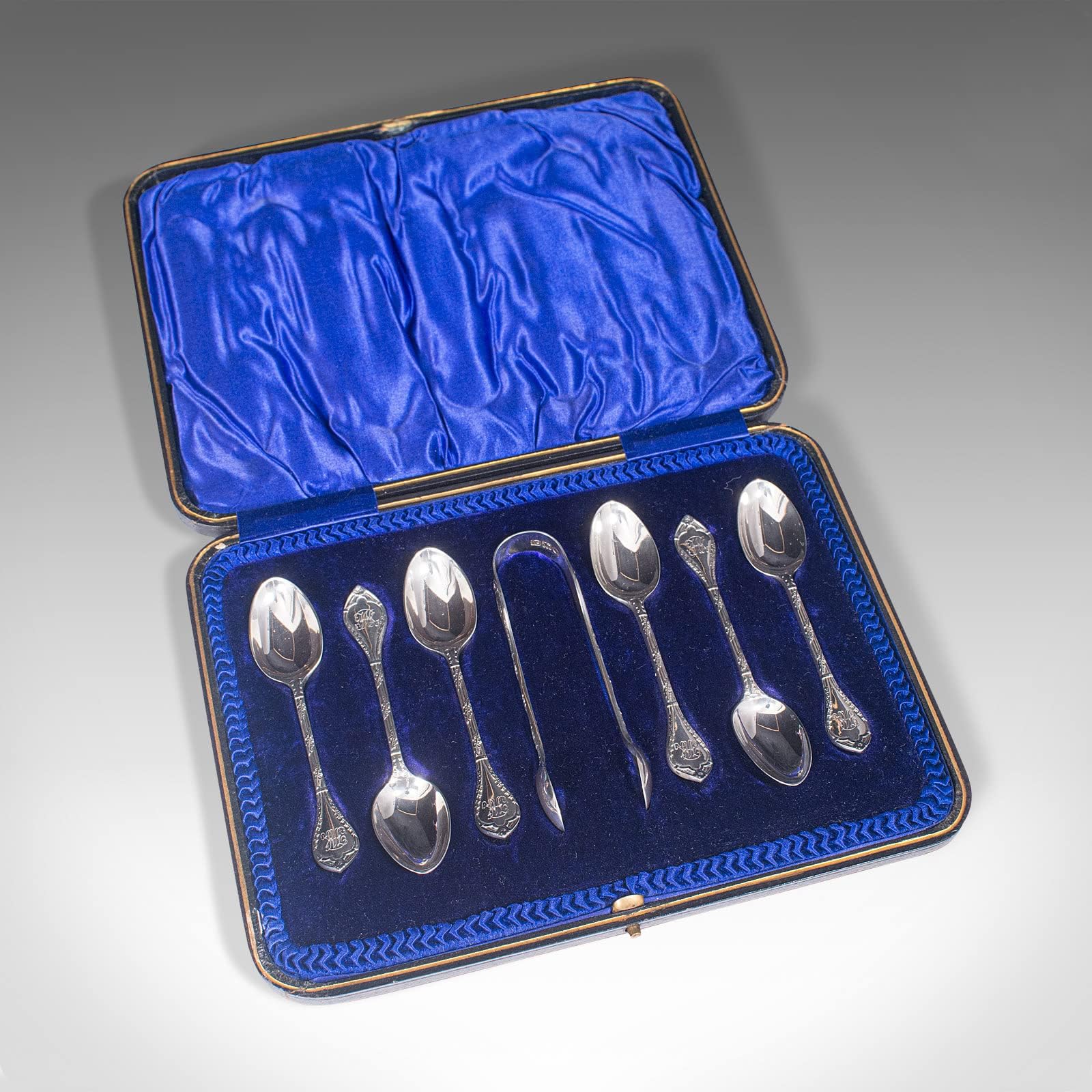 Set of 6, Antique Tea Spoons, English, Silver, Hallmark, London, Victorian, 1900
