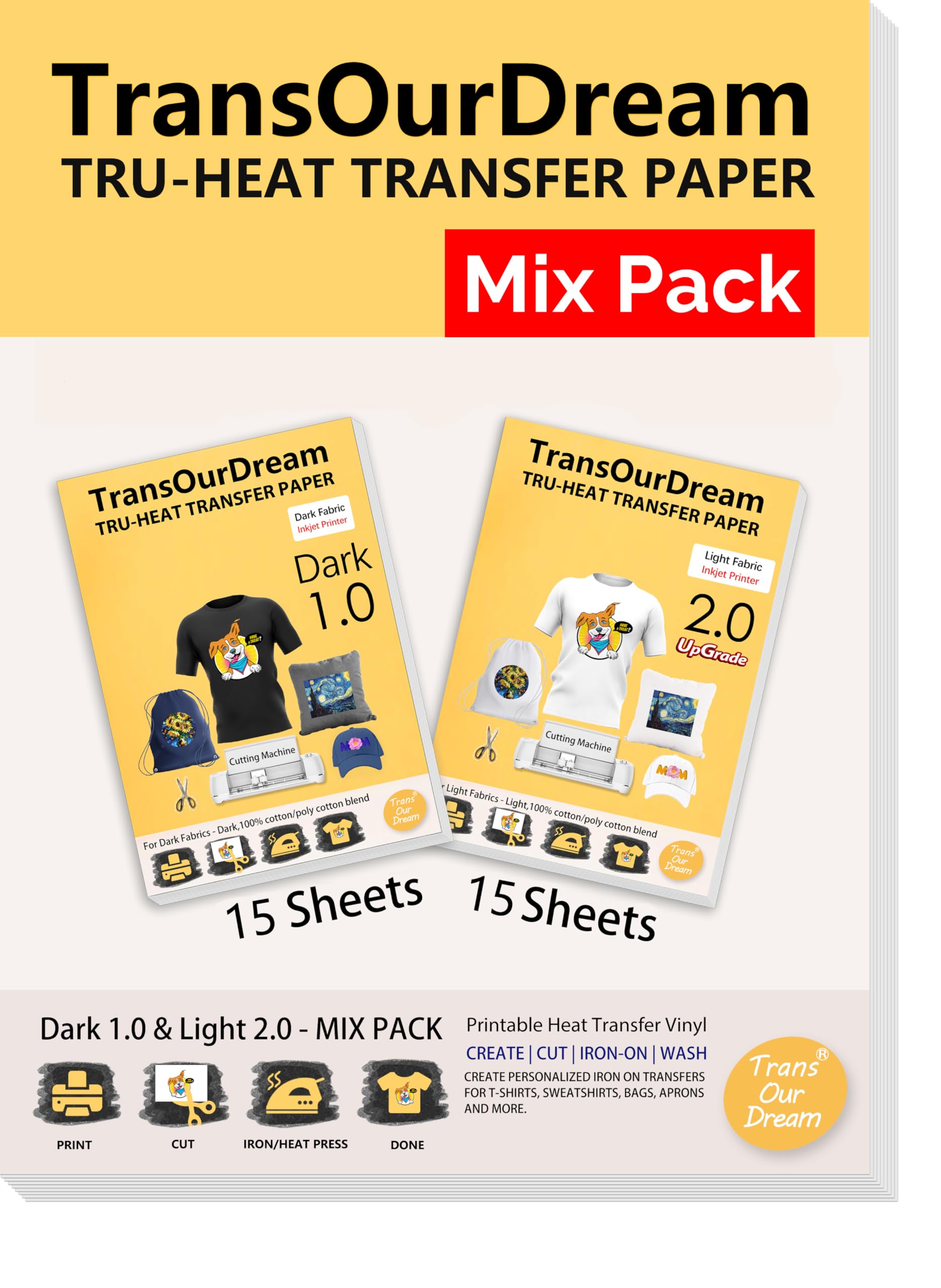 TransOurDream Iron on Heat Transfer Paper for Dark and Light Fabrics (15+15 Sheets, 8.5x11", Mix Pack) Iron on Transfers for T Shirts Printable HTV