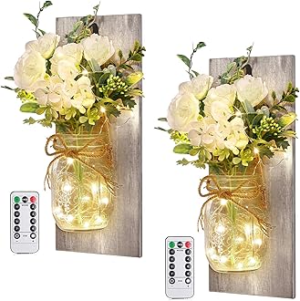 Wall Decor Mason Jar Sconces - Home Decor Wall Art Hanging Design with Remote Control LED Fairy Lights and White Rose, Farmhouse Wall Decorations for Bedroom Living Room Lights Set of Two