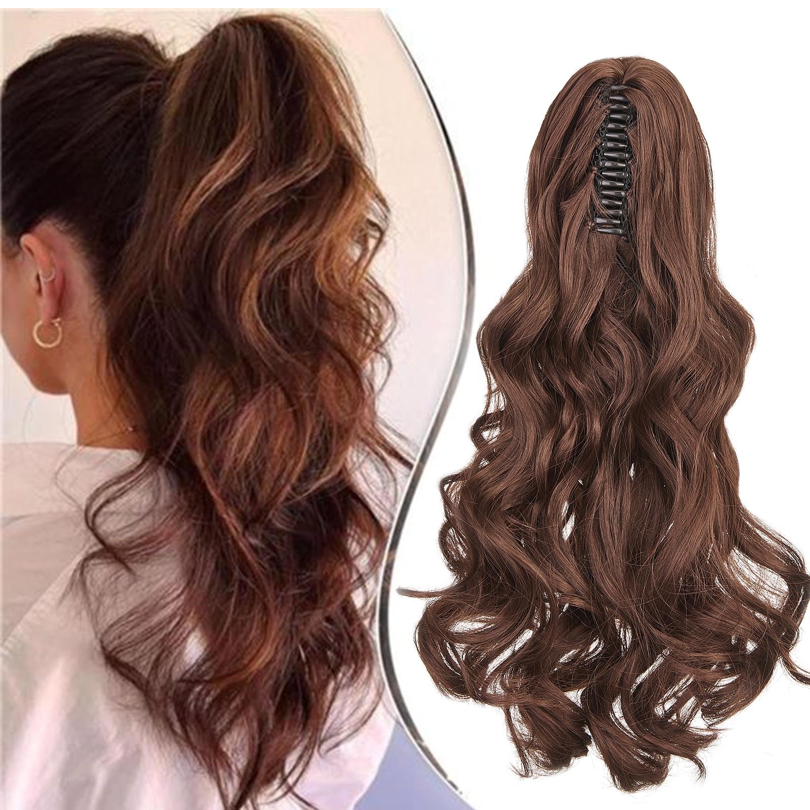 Cybelleza Ponytail Extension Curly Wavy Claw Jaw Pony Tail 18" One Piece Clip in Hair Extensions Ponytail Hairpiece Synthetic Long Natural for Women Dark Brown & Dark Auburn