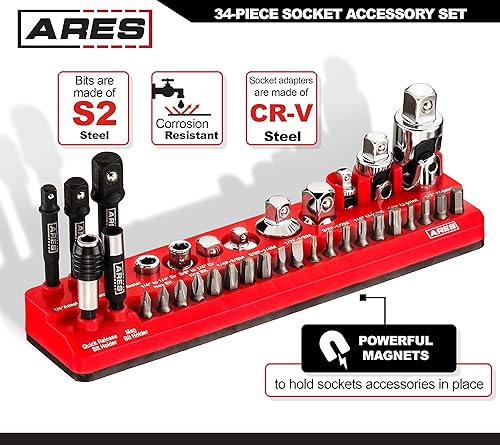 Miniatura 2 de ARES 70751 - Juego de accesorios de 34 piezas, incluye adaptadores, juntas universales, soportes para puntas y brocas, organizador magnético para