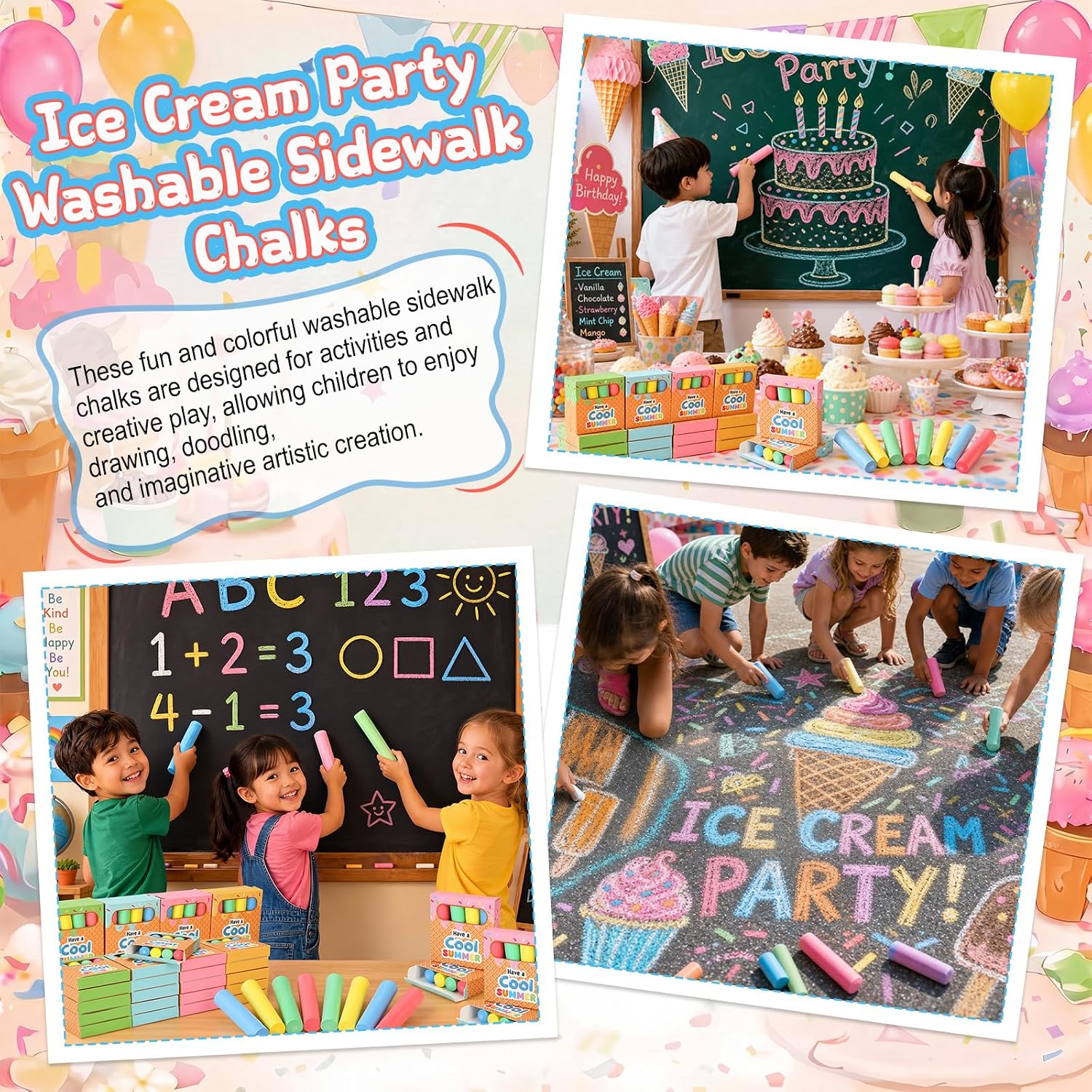 Crtiin 24 Pack/ 96 Pcs Ice Cream Party Favor Chalks Washable Sidewalk Chalks Bulk Non-toxic Jumbo Colored-chalk Summer Party Favors for School Classroom, 4 Colors
