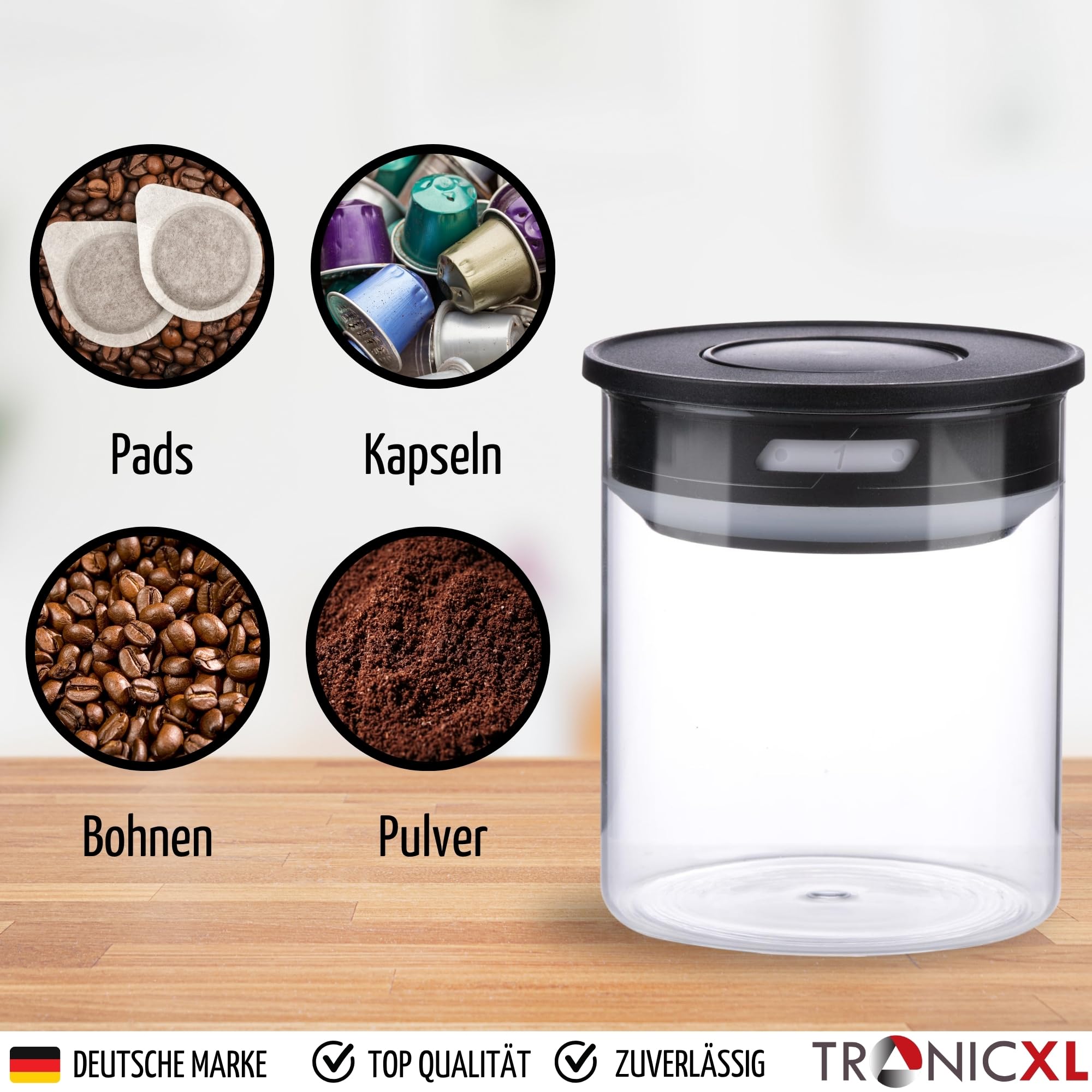 TronicXL Vakuum 4x Kaffeedose Teedose Vorratsdose - Vorratsbehälter Vakuumdose mit Aroma-Deckel Luftdicht für Kaffeebohnen Kaffeepad Kaffeekapseln kompatibel mit Nespresso Dolce Gusto Senseo Tchibo