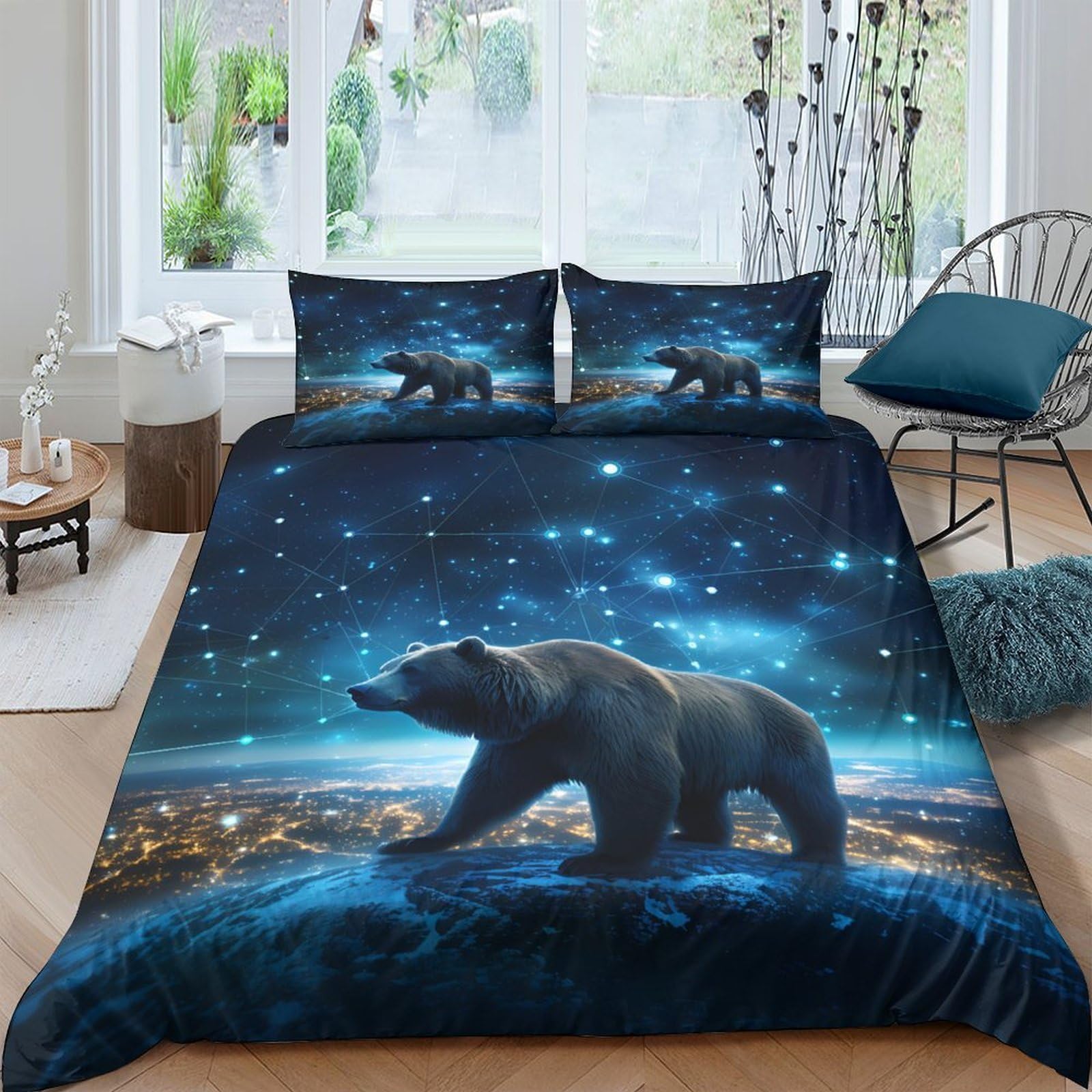 Ctjqhvkz Style-4 3D Printed Galaxy Starry Sky Bear Fitted Sheet Microfiber Soft Blue Mattress Cover Bedroom Decor Single（135X200cm）