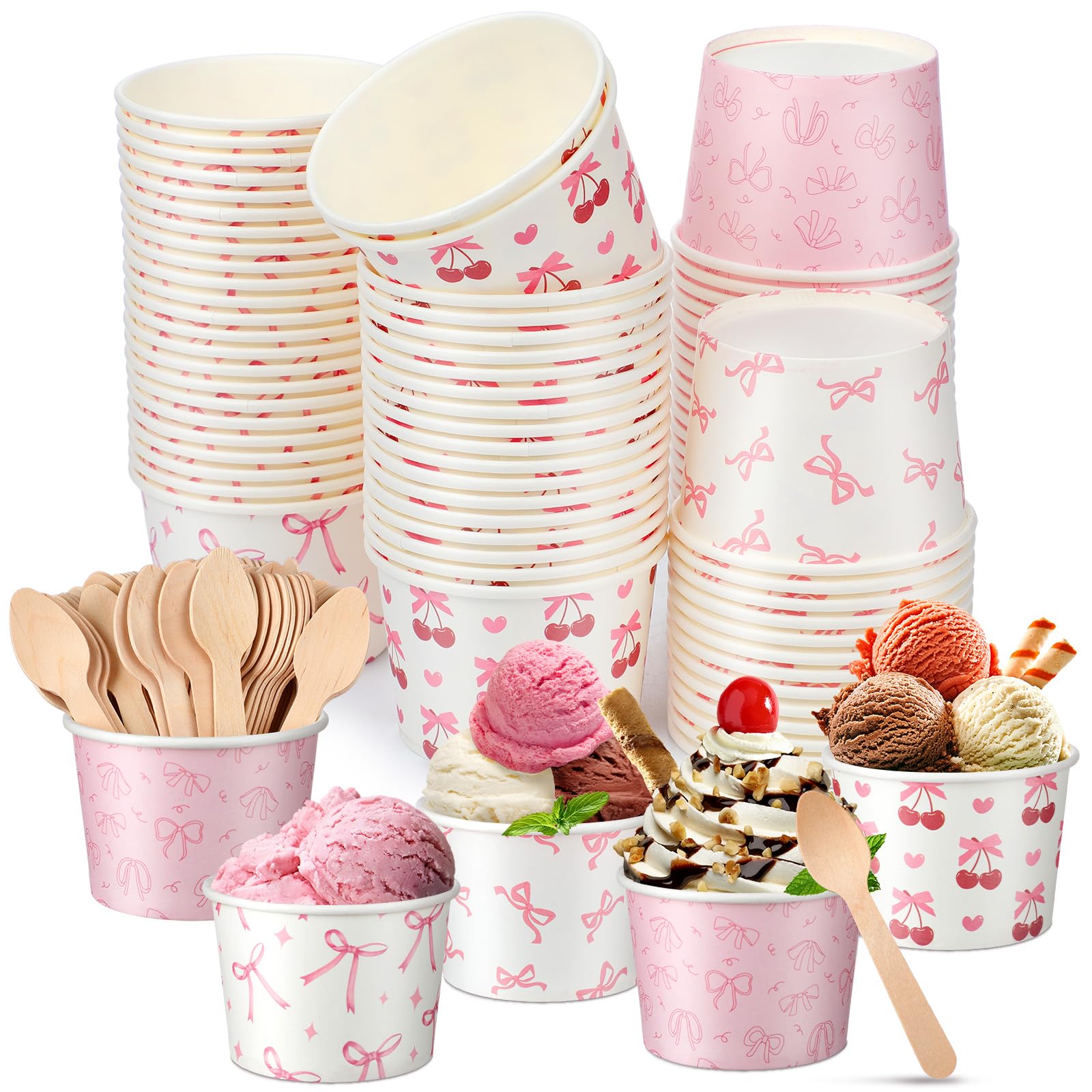 Tasses à crème glacée jetables 237ml pot dessert rose avec cuillère pour buffet et collation