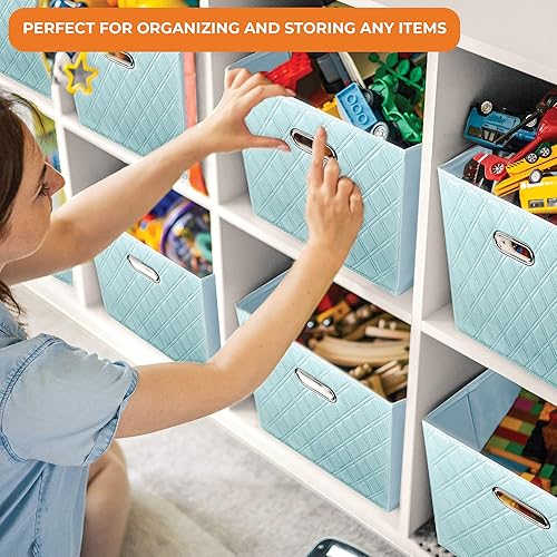 Miniatura 6 de Juego de cuatro cubos de almacenamiento de piel sintética con patrón de diamante azul de 12 pulgadas con asas dobles para sala de estar, dormitorio