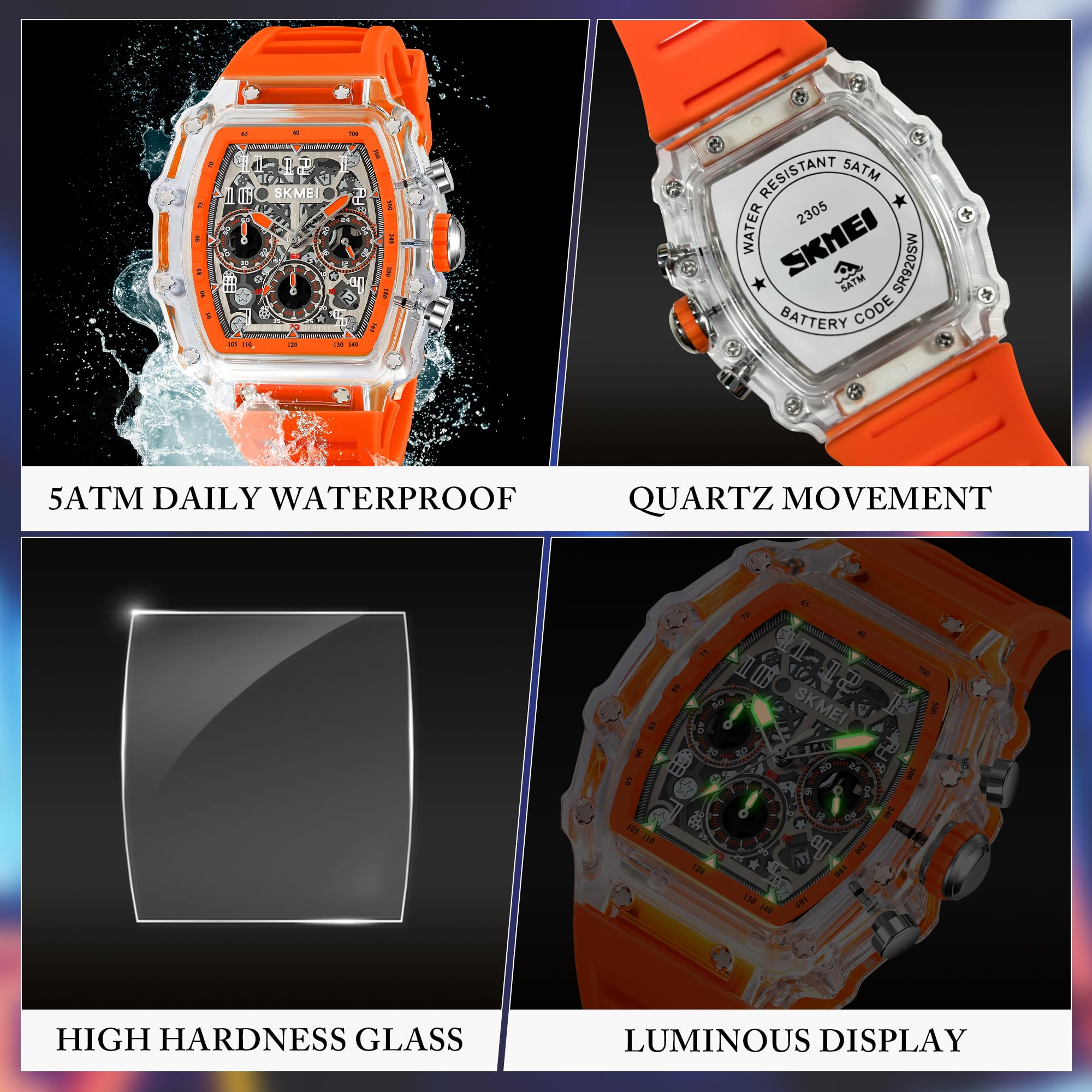 SKMEI Relojes automáticos de moda para hombre con correa de silicona de esqueleto impermeable a 50 m, relojes de pulsera únicos para hombre