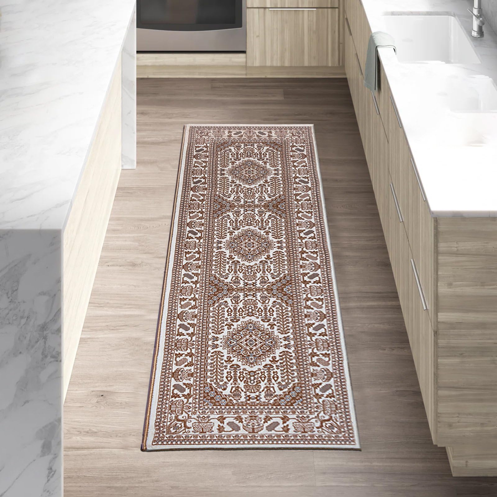renoazul® Soft Runner Rugs For Hallway With Jute Back, Traditional Rug - Zinat 60 x 220 cm Cream - Washable Mats For Kitchen Floor, and Hall Runners