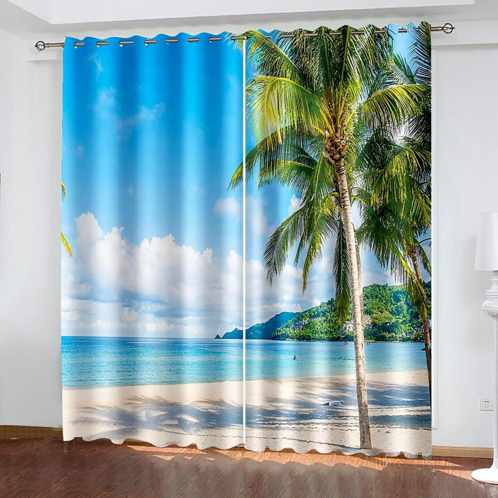Verdunklungsvorhänge mit Ösen, Gardinen Blickdicht Meer Strand Palmen Landschaft 2er Set H 214 x B 152 cm Abdunkelnde Vorhänge für Wohnzimmer