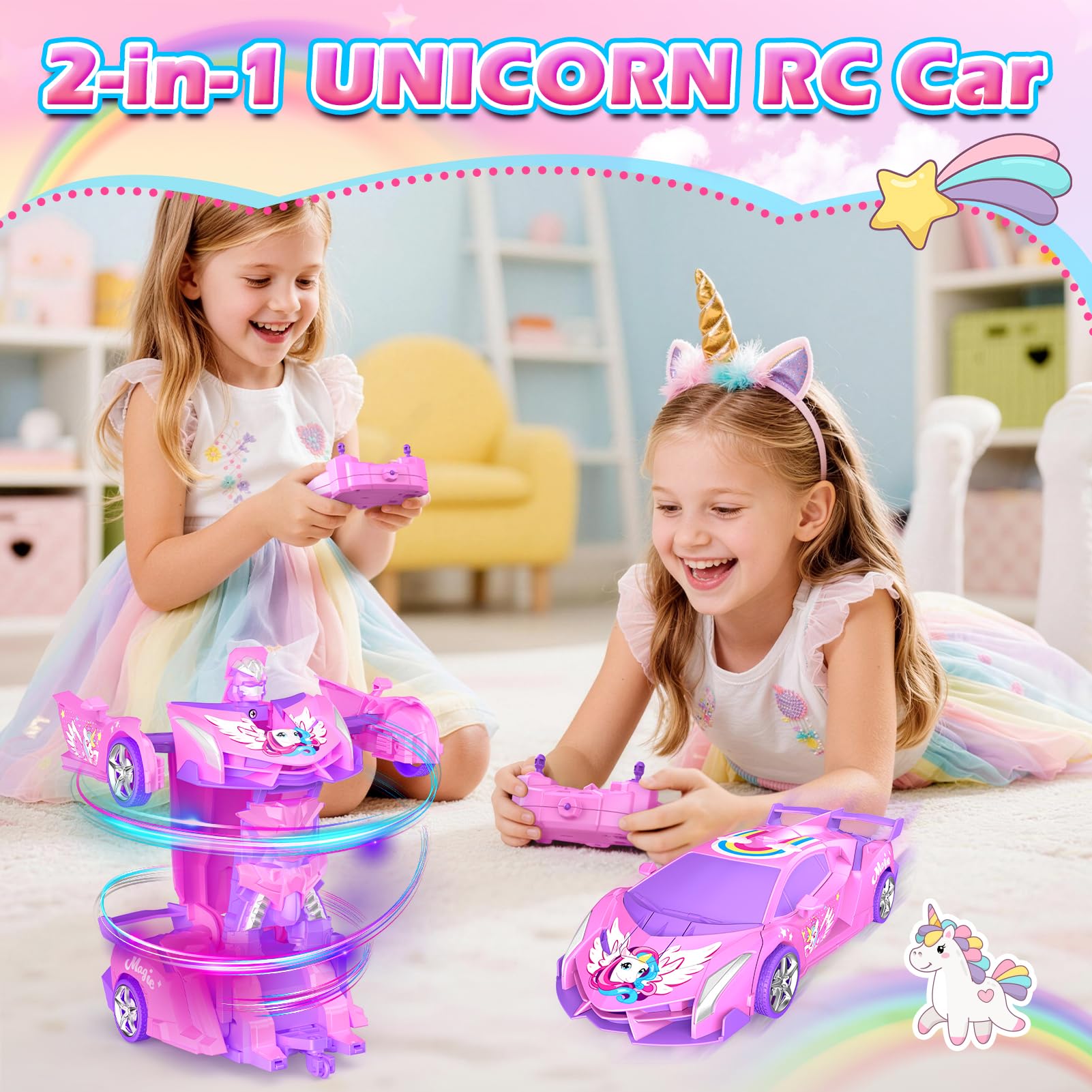 Unicornio Coche Teledirigido Niña, 2 en 1 Radiocontrol Transformar Coche RC 2,4GHz & Rotación 360°, Robot Unicornio Juguetes Niña 3 4 5 6 7 8 9 Años, Regalo Cumpleaños Navidad para Niños de Pascua