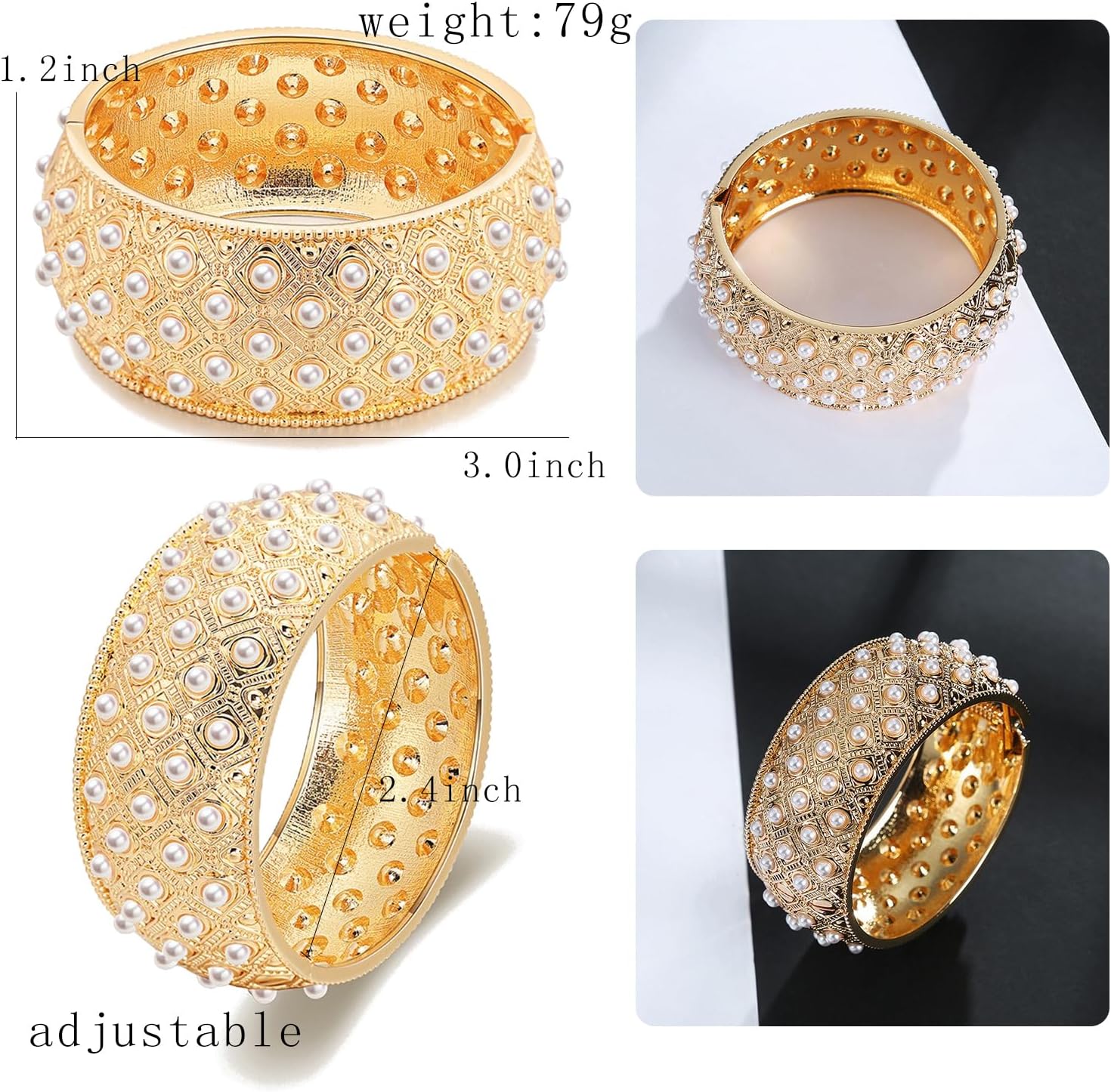 Wide Grooved Crystal Cuff Hinge Bangle Metal Shiny Punk Bracelet Great Polished Fashion Statement Bangles Gold Smooth Bangle Bracelet for Women Fashion Jewelry