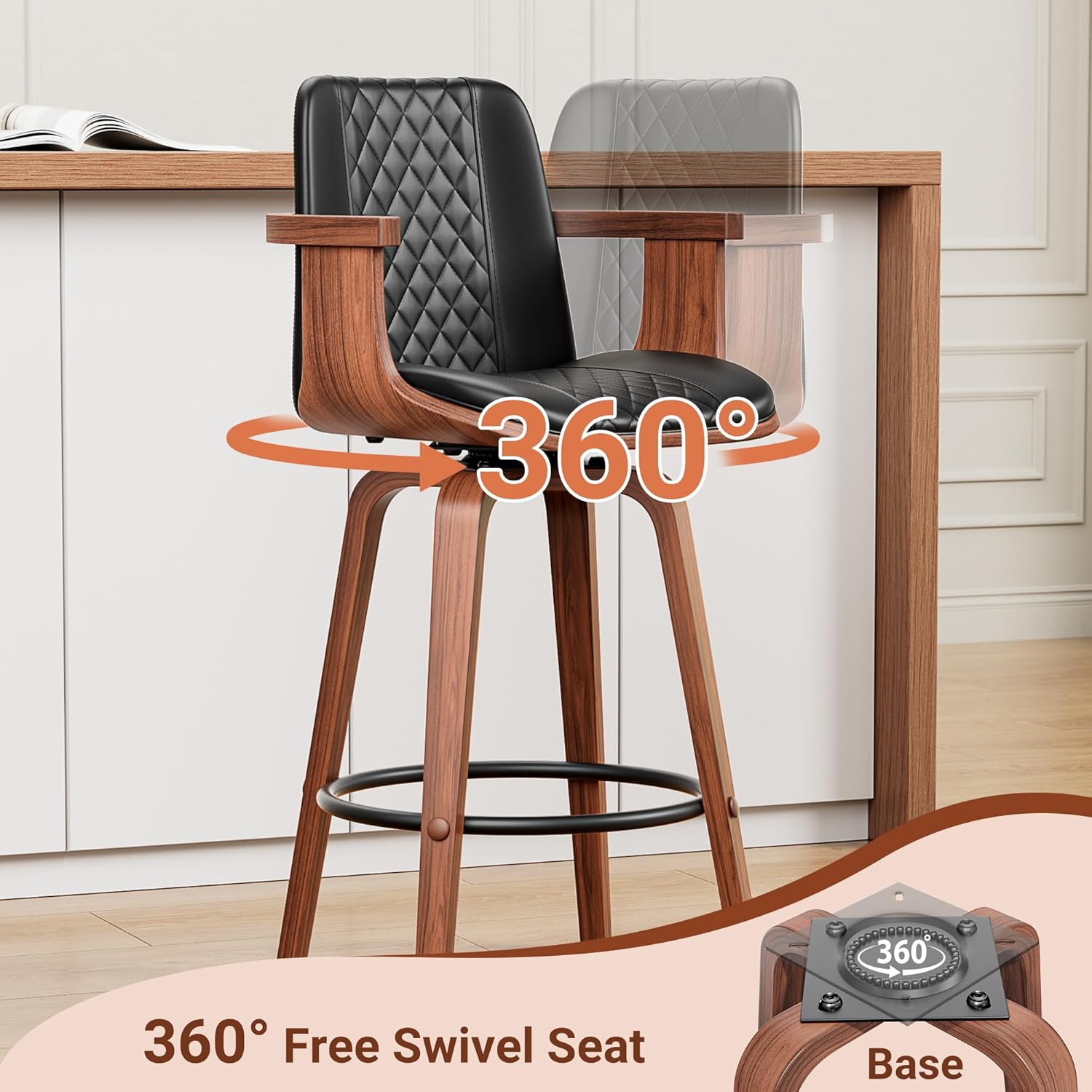 Bar Stools Set of 4, 26" Swivel Barstools with Back & Wooden Arms, Mid Century Modern PU Leather Counter Height Bar Chairs for Kitchen Islands, Home Bars, Cafés - Black
