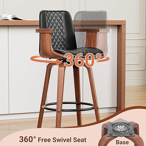 Miniatura 4 de Bar Stools Set of 2, 26" Bentwood Barstools with Arms, Mid-Century Modern Counter Height Swivel Bar Chairs, PU Leather Barstools with Back &