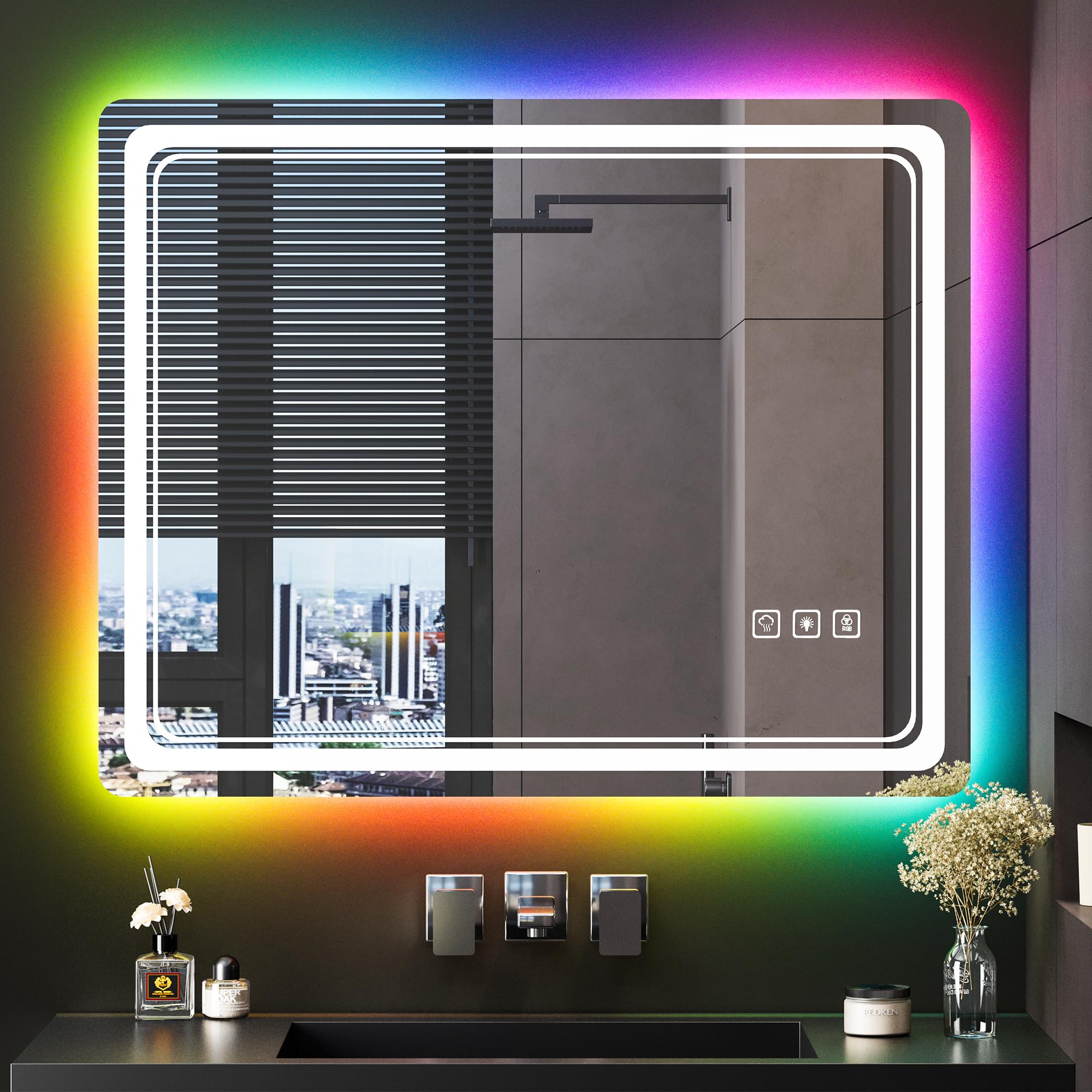Lvifur 32"x24" RGB Bathroom Mirror Front Light and Backlit, LED Bathroom Wall Mirror, Lighted Vanity Mirror for Bathroom 24 Colors Dimmable, Anti-Fog, Shatter-Proof