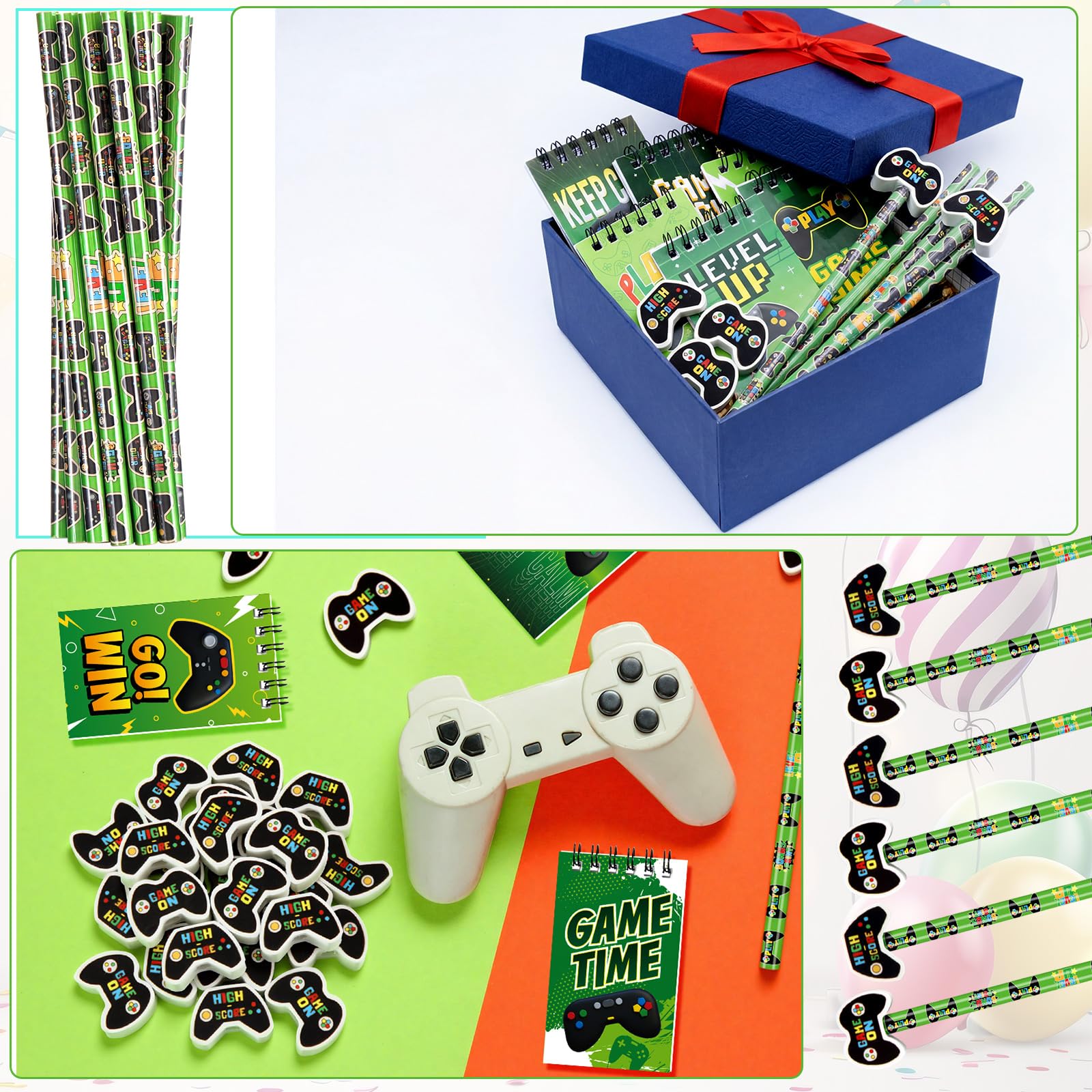 Lot de 72 articles de papeterie sur le thème du jeu vidéo, 48 crayons avec gomme, cadeaux de fête, 24 mini bloc-notes à spirale pour l'école, les salles de classe, les récompenses