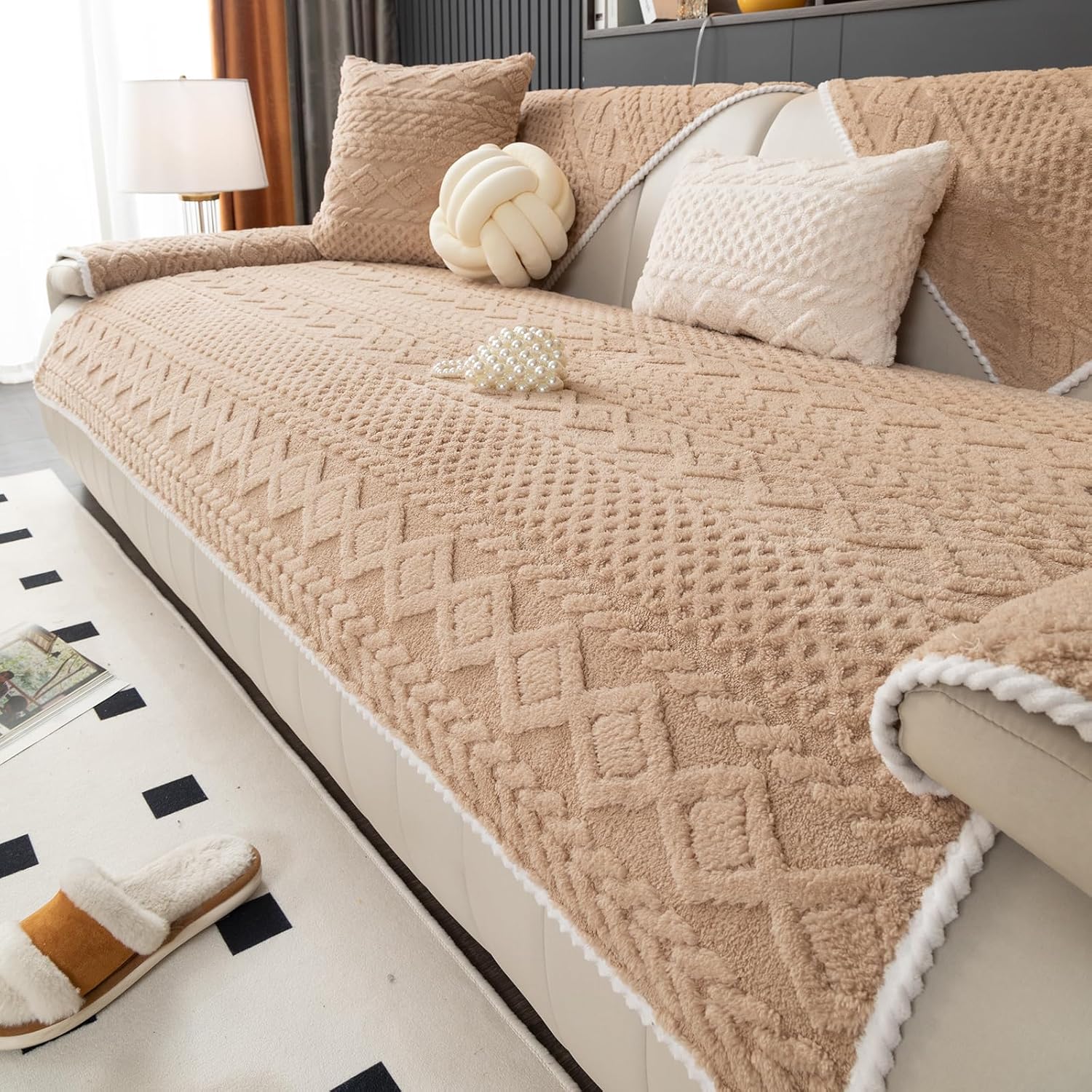 vctops Cable Jacquard Plush Sofa Couch Covers Boho Fuzzy Couch Cover for Dogs Soft Non Slip Sectional Sofa Slipcover Thick Warm Washable Furniture Protector for Kids, Pets (Camel,36"x82")