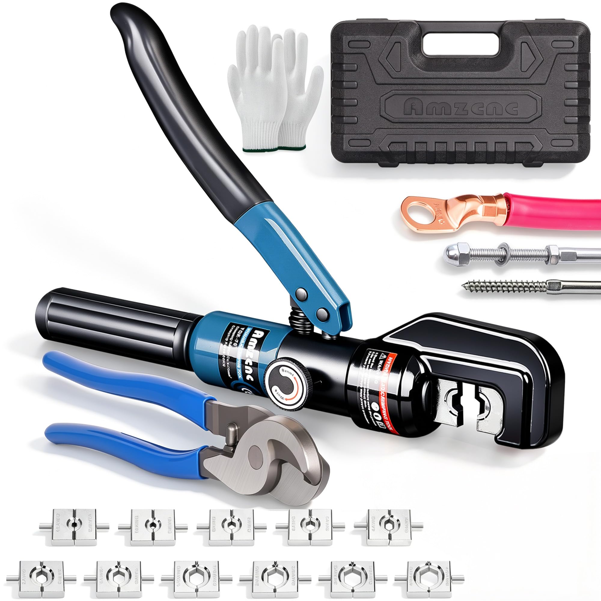 AMZCNC Hydraulic Cable Crimper 10 Ton 12AWG-4/0AWG 11 Dies