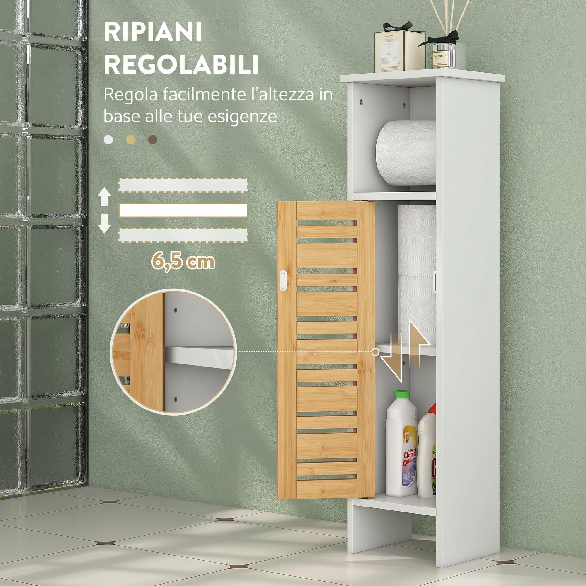 HOMCOM Mobile Bagno Slim con Ante in Bambù Salvaspazio 21x17x78 cm Bianco | Mobiletto Bagno Salvaspazio, Ripiani Regolabili, Porta Rotolo di Carta Igienica