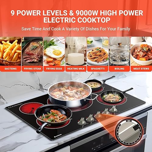 Miniatura 4 de AAOBOSI Cocina eléctrica de 30 pulgadas, 5 quemadores de 9000 W, control de perilla de cocina de cerámica integrada, estufa eléctrica, 9 niveles de