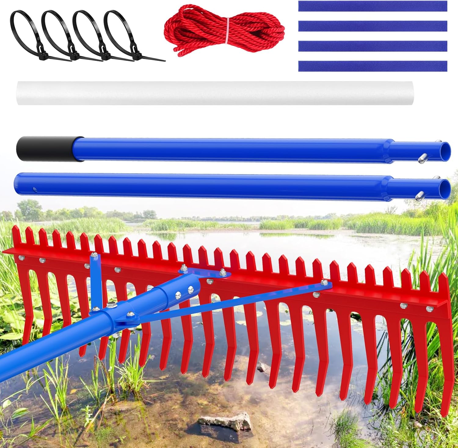 Extra-Large Heavy Duty Lake Weed Rake for Ponds with 9.5" Long Solid Metal Tines,11FT Commercial-Grade Aquatic Weed Removal Tool,Deep Water Weed Cleaner for Large Aeras,Ergonomic Handle