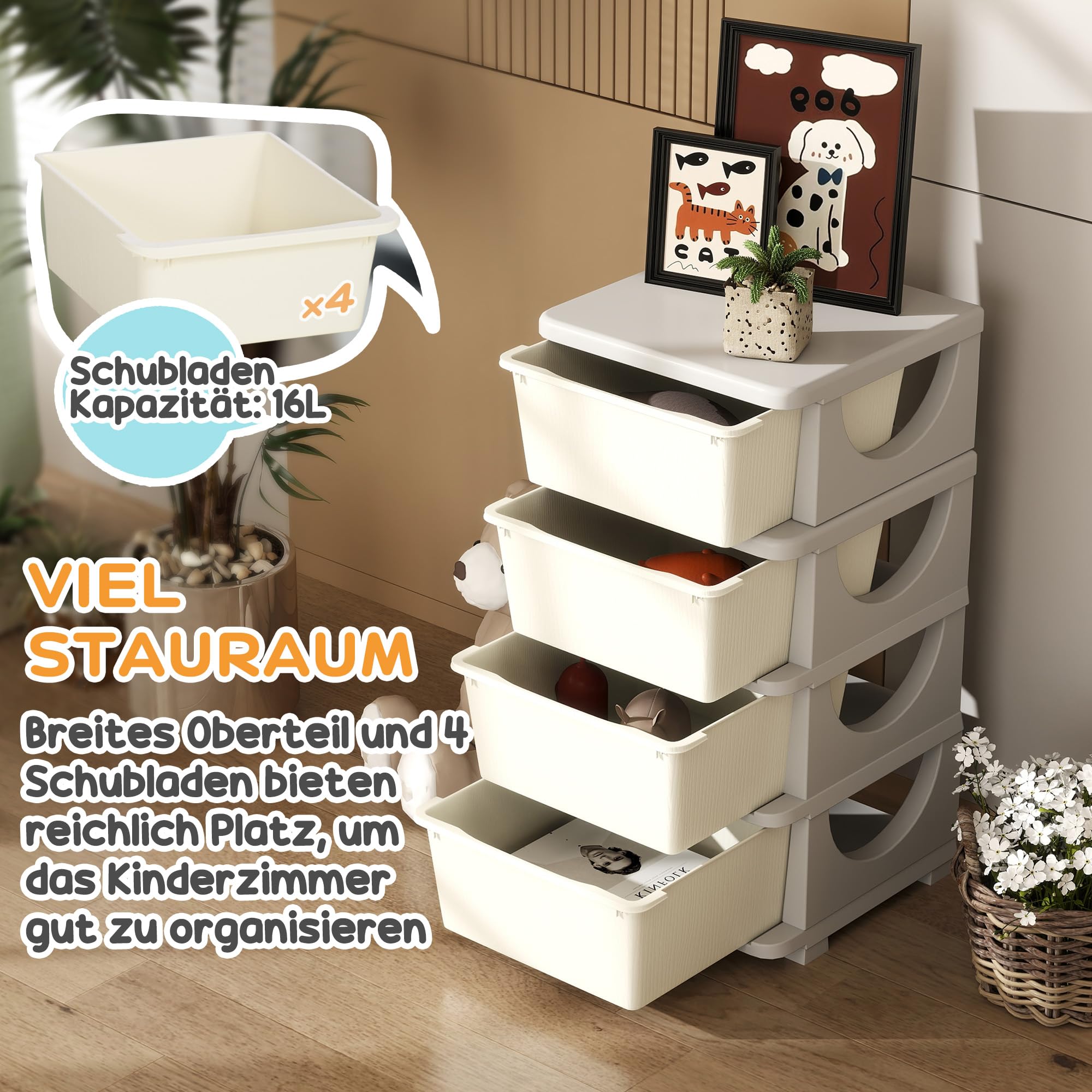 HOMCOM Schubladenschrank für Kinder mit Stauraum Aufbewahrungsboxen Spielzeug-Organizer Spielzeugkiste vier Ebenen für Kinderzimmer 3-6 Jahre Kindermöbel Cremeweiß 37 x 37 x 76 cm