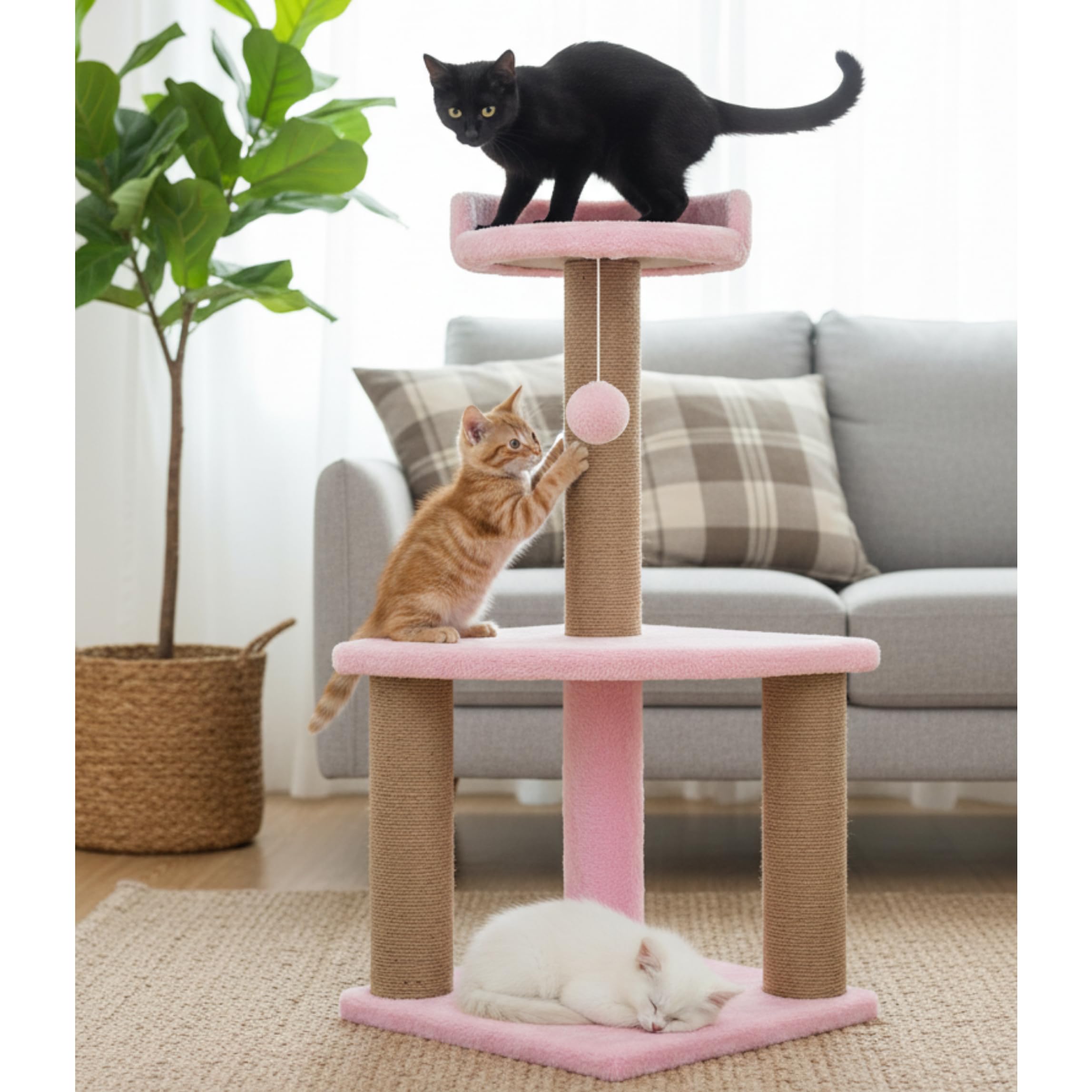 FURRLOVERS Soft Fur Activity Cat Tree for Kittens & Cats - Scratching Post, Natural Sisal Rope, Two Floor Tower, Hanging Ball (Height 32 Inch) (Pink - FURR-32)