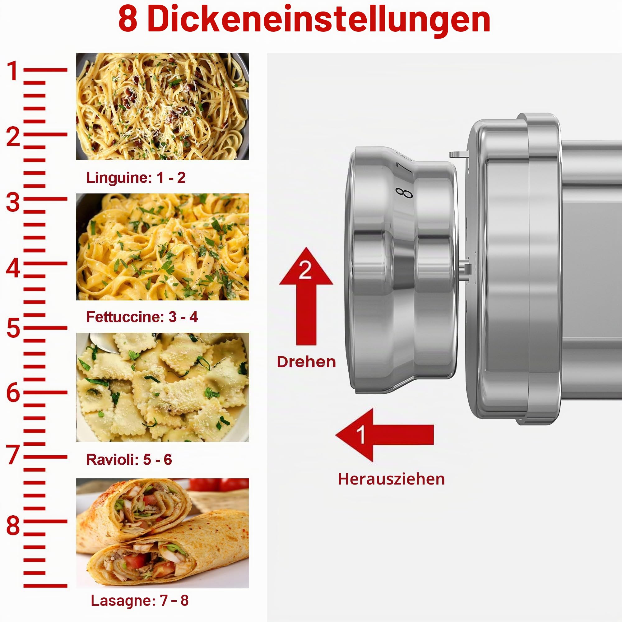 Eascandy Edelstahl Nudelaufsatz für KitchenAid, Metall 3-in-1 Pasta Aufsatz für KitchenAid-Küchenmaschine, 8 Gänge verstellbarer Nudelrollen-Aufsatz für Fettuccine-Linguine-Nudelblätter
