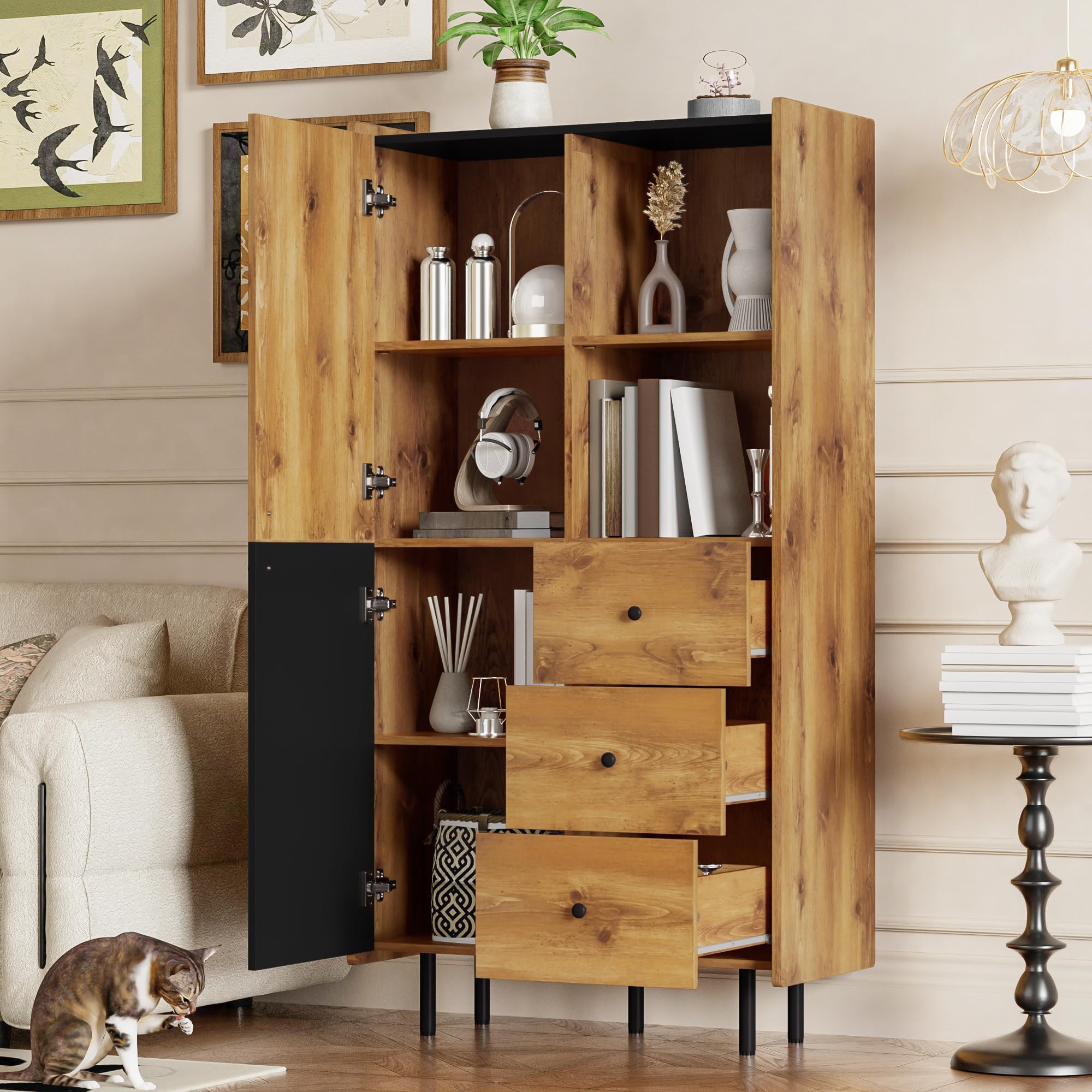 Credenza - altezza 160 cm, moderna credenza con due ante, TRE cassetti e scaffali aperti