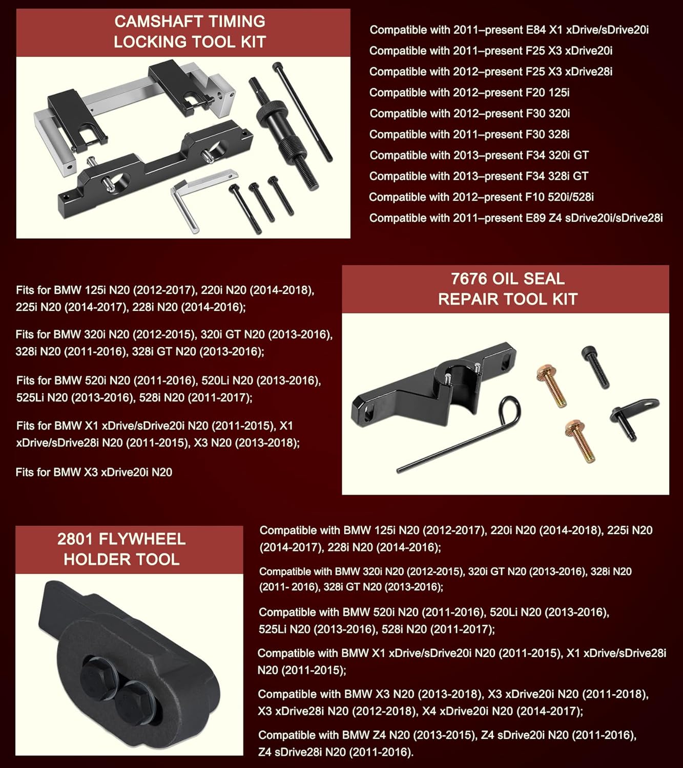 16PCS Engine Camshaft Timing Locking Tool Kit Fits for BMW N20 N26 Engines, with 2801 Flywheel Holder + 7676 Oil Seal Repair Kit + Fuel Injector Removal Tool, Engine Alignment Locking Timing Tool Kit