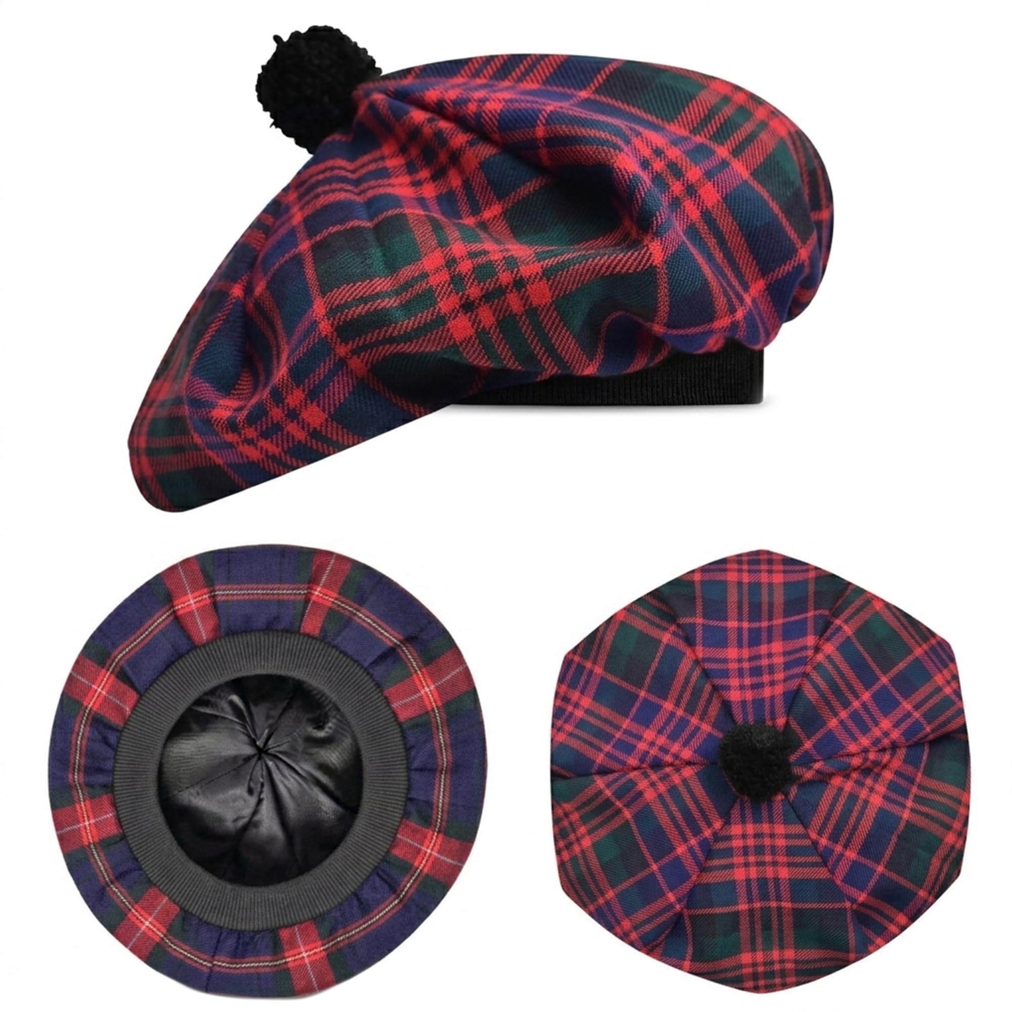 H HIGHLAND REDSTONE Scottish Hat Tam o Shanter Scottish Bonnet Tartan hat Acrylic Wool with Pompom (UK, Alpha, One Size, Macdonald)