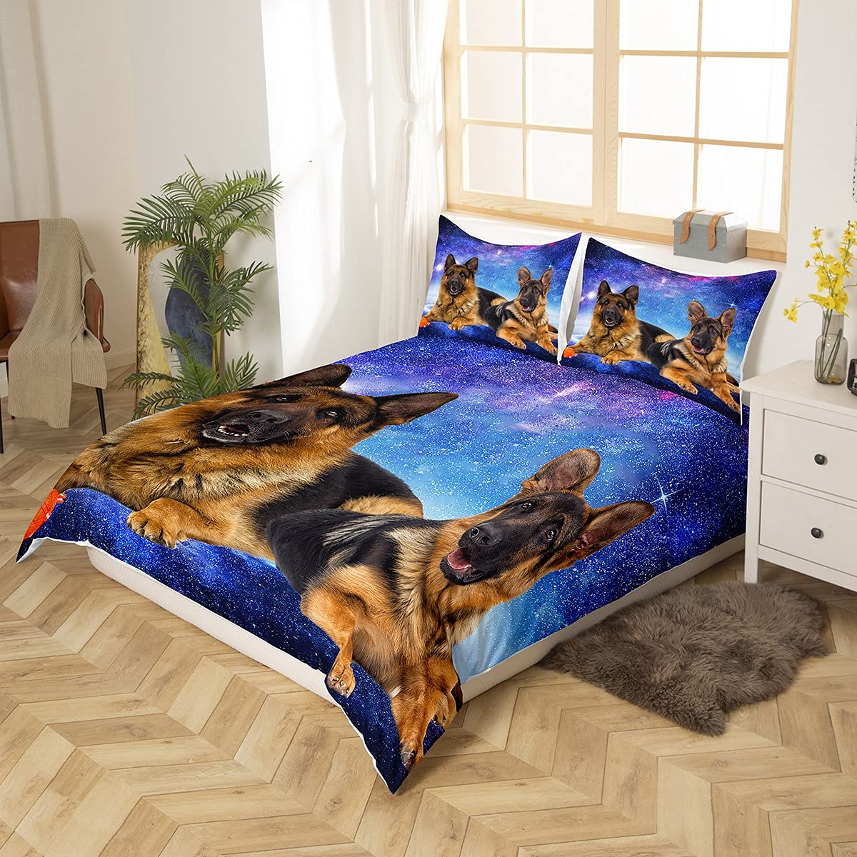 Cane Galaxy Copripiumino 3D Pastore Tedesco stampato Cane Parure da letto 200 x 200 cm Chic Blu Viola Cielo stellato per ragazzi Ragazze Adolescenti Carino Pet Cucciolo Animale Set copripiumino