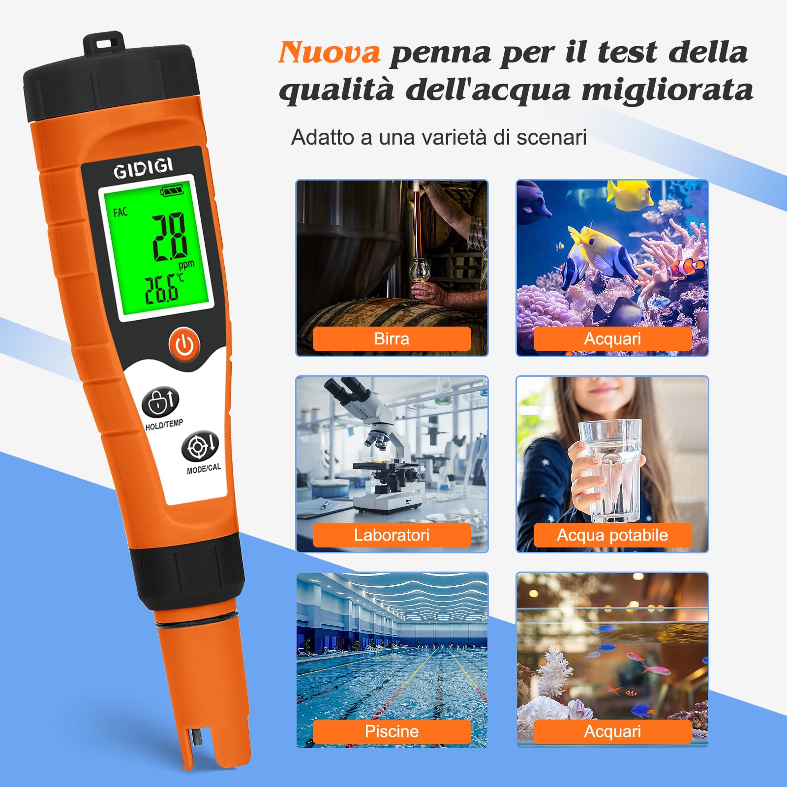 Tester pH e cloro per piscine, misuratore di sale per piscine | Misuratore 7 in 1 per acqua con funzione pH ORP cloro EC TDS temperatura per acqua di piscina, idromassaggio, Acqua domestica