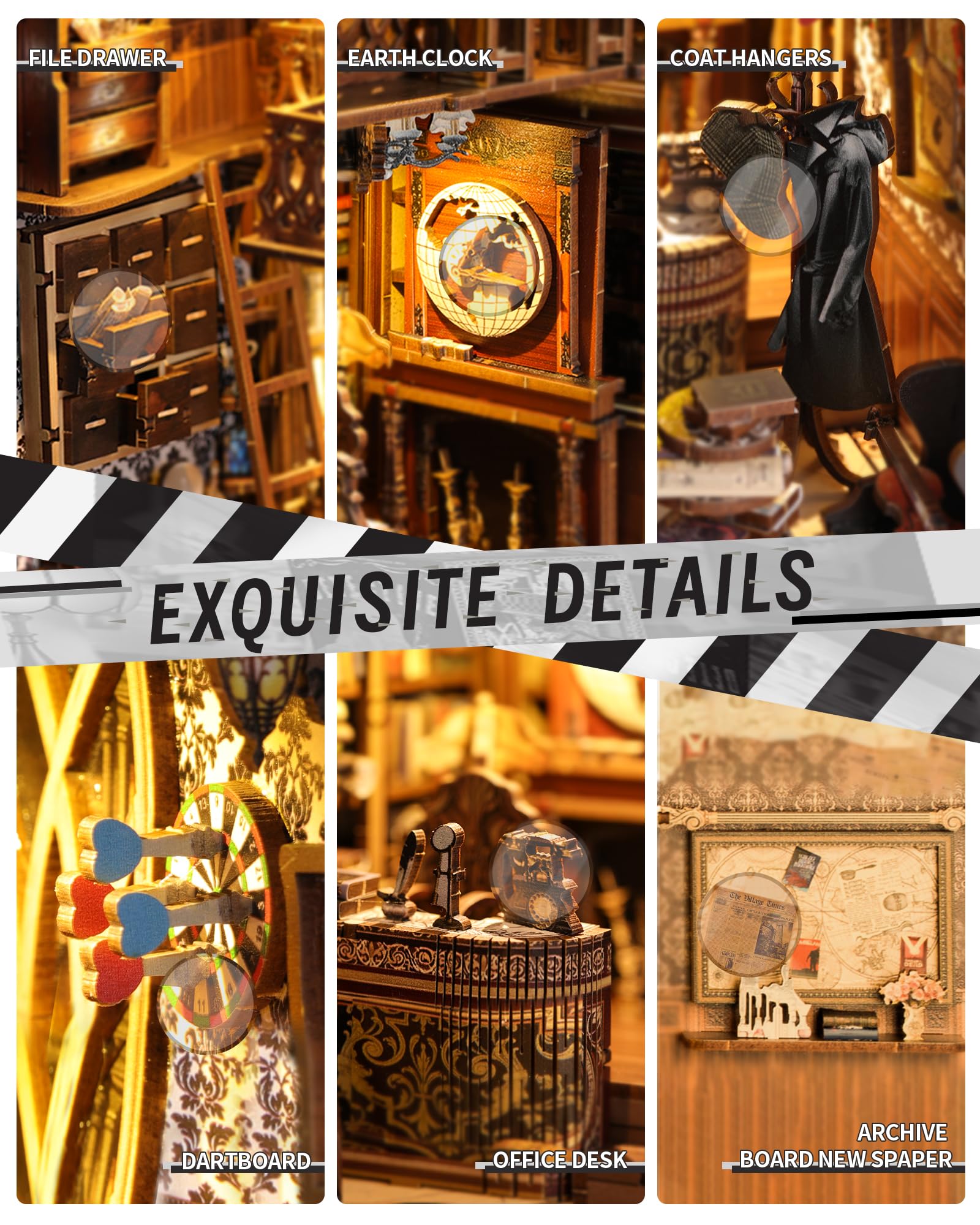 Quanquer Nook - Libro per detective con copertura antipolvere, con luce a LED, stampa 3D in legno, repliche in miniatura per uffici, librerie e mobili, regalo creativo per