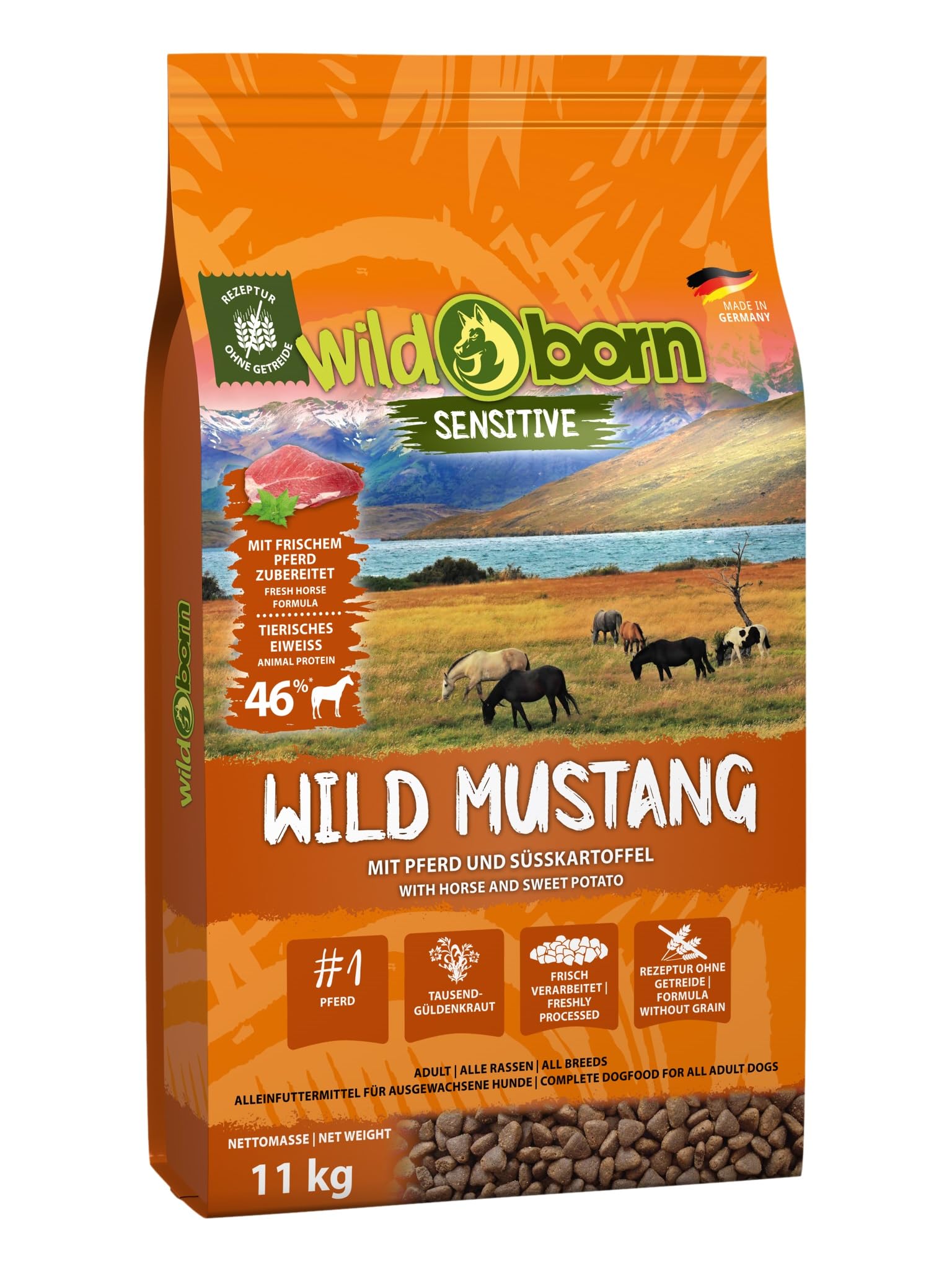 Wildborn Wild Mustang 1 x 11 kg getreidefreies Hundefutter mit Pferdefleisch, Süßkartoffel & Aroniabeeren | Monoproteinprodukt auch für Allergiker geeignet