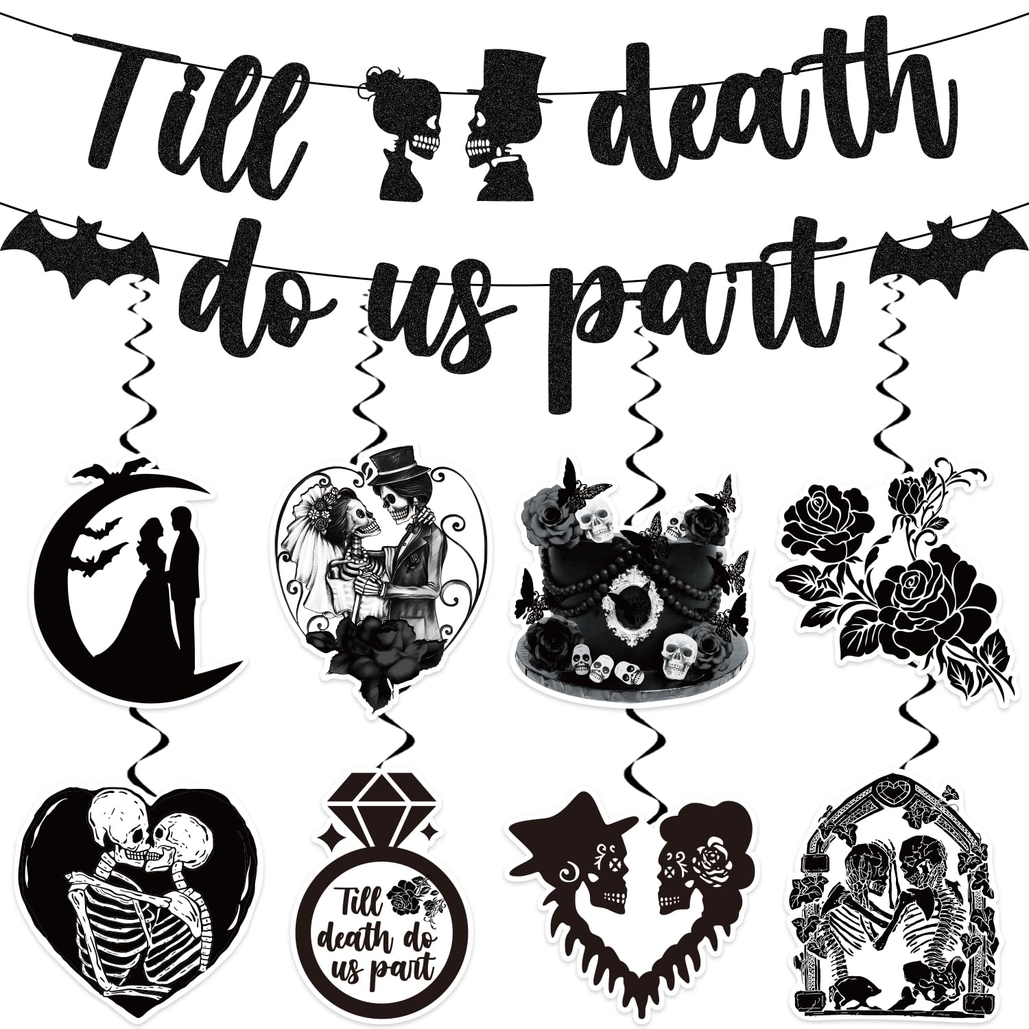 Till Death Do Us Part Wedding Decorations, with 1pcs No DIY Till Death Do Us Part Banner and 8pcs Halloween Wedding Hanging Swirls, Til Death Do Us Part Decor, Halloween Wedding Decorations