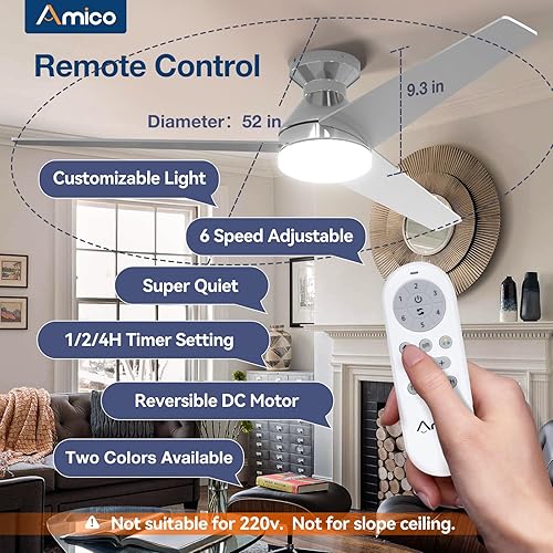 Miniatura 53 de Amico Ventiladores de techo con luces, perfil bajo, control remoto, montaje empotrado, reversible, 3CCT, regulable, silencioso, para dormitorio, uso