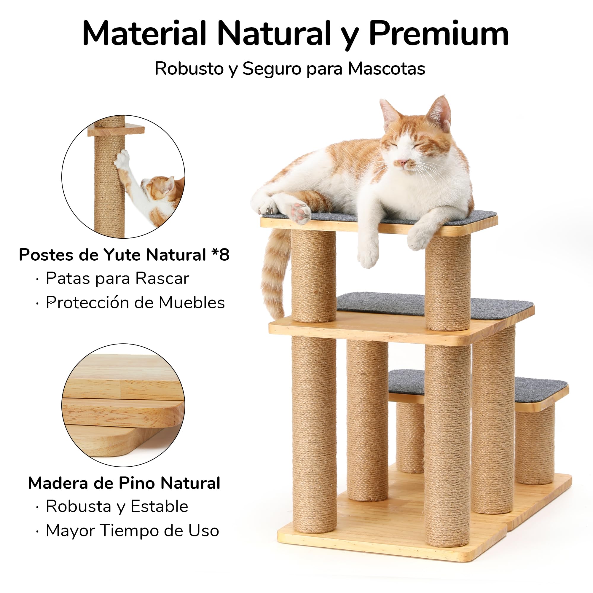 FUKUMARU Escalera para Perros, 3 peldaños para Mascotas de Madera de Pino y Yute, Altura Ajustable de 18 a 51 cm, soporta hasta 90 kg, 6 Combinaciones posibles para Subir a Camas y sofás, Gris.