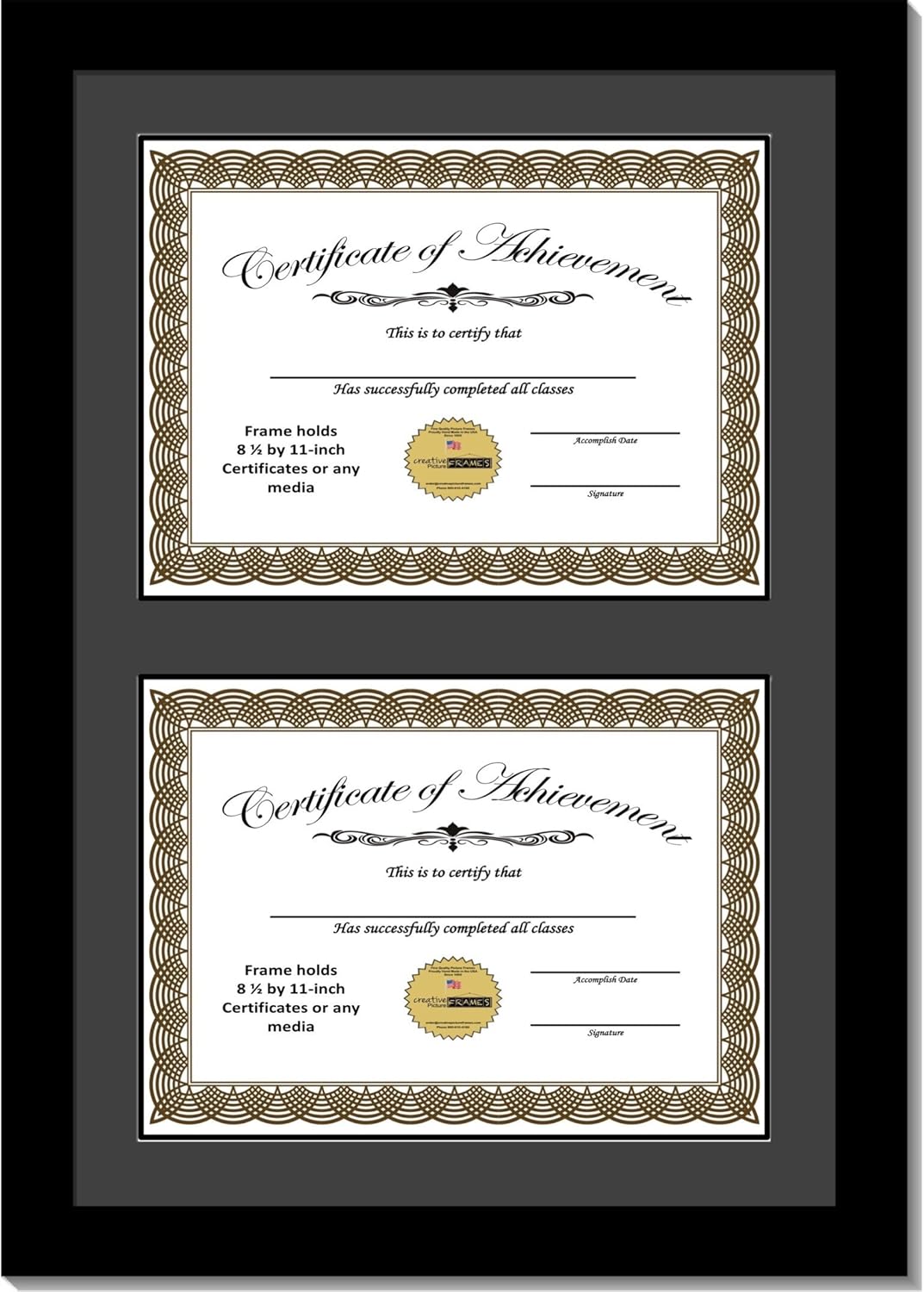Creative Picture Frames 14"x20" Black Double Diploma Frame with Black Matting Holds Two 8.5 x 11 -inch Media and Installed Wall Hangers