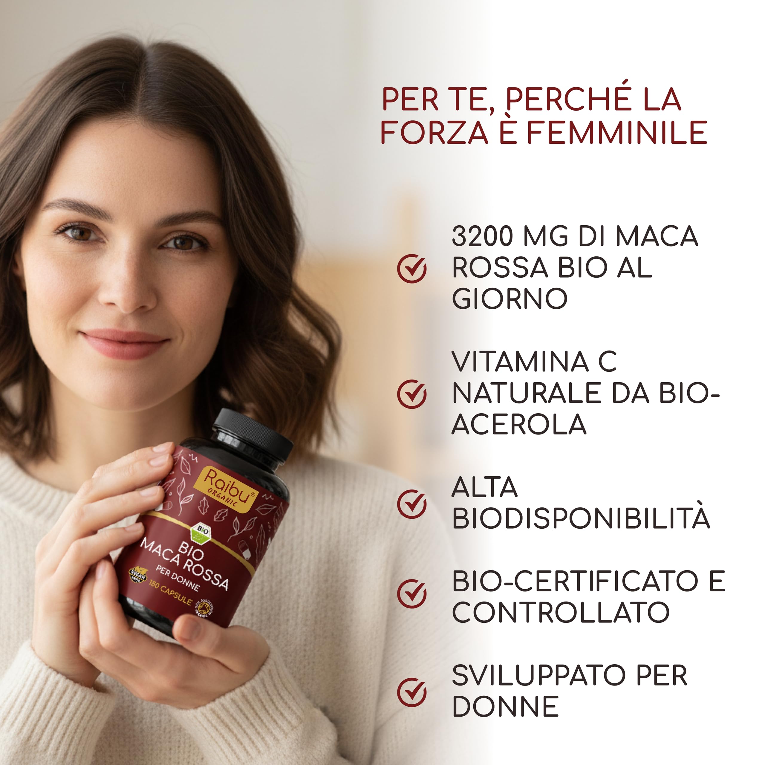 Maca Rossa Peruviana BIO - 180 capsule da radice di Maca Peruviana - Equilibrio ormonale per donna - 3.200mg per dose giornaliera (equivalenti a 12.800mg di radice del Perù) - Con vitamina C naturale