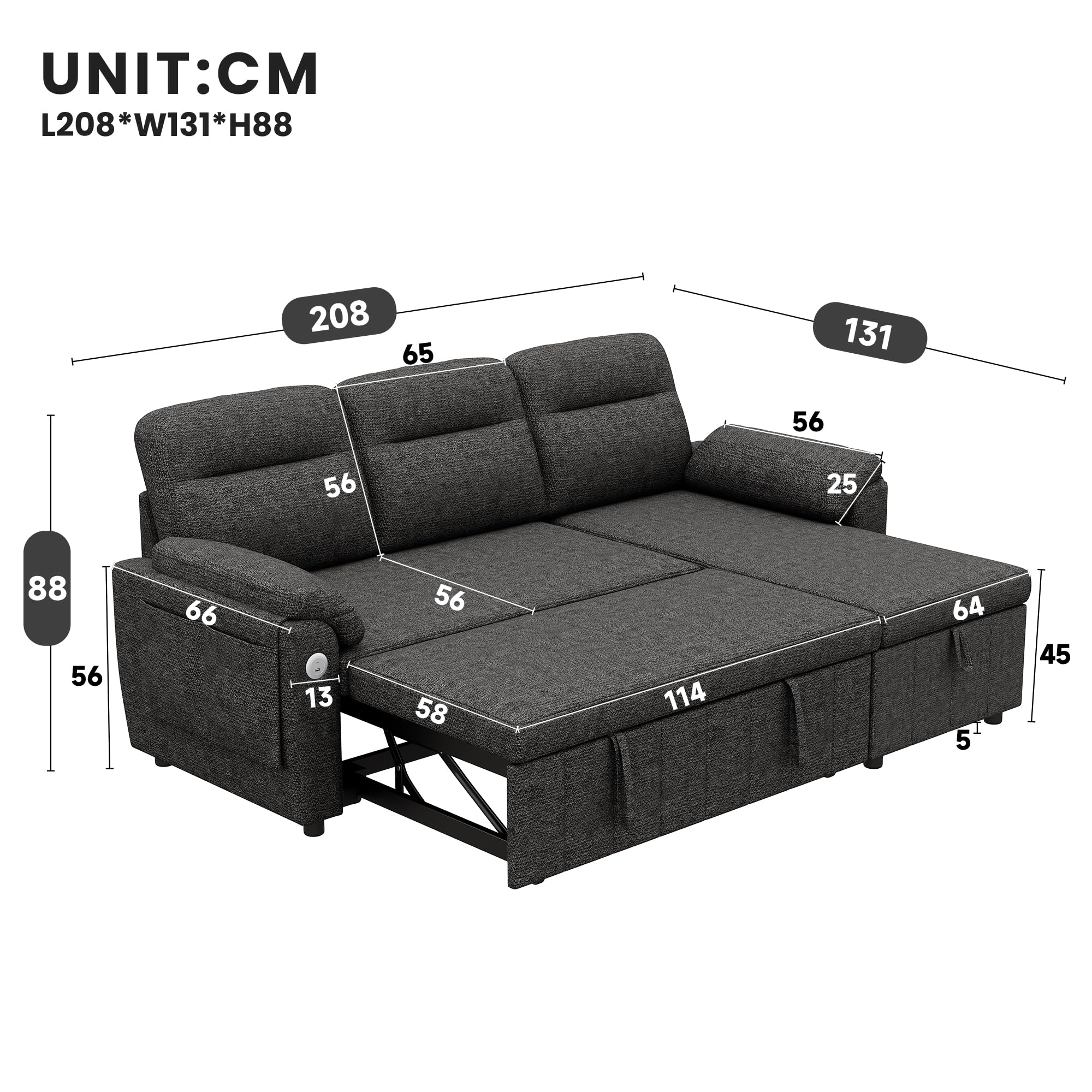 Sofá modular de 3 plazas con función cama extensible y USB/Type-C, sofá esquinero en forma de L con reposacabezas semifijos y compartimento de almacenamiento, sofás con chaise longue